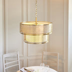 113420 Cordero 6 Light Tiered Pendant Gold Effect Plate, White Fabric & Frosted Glass