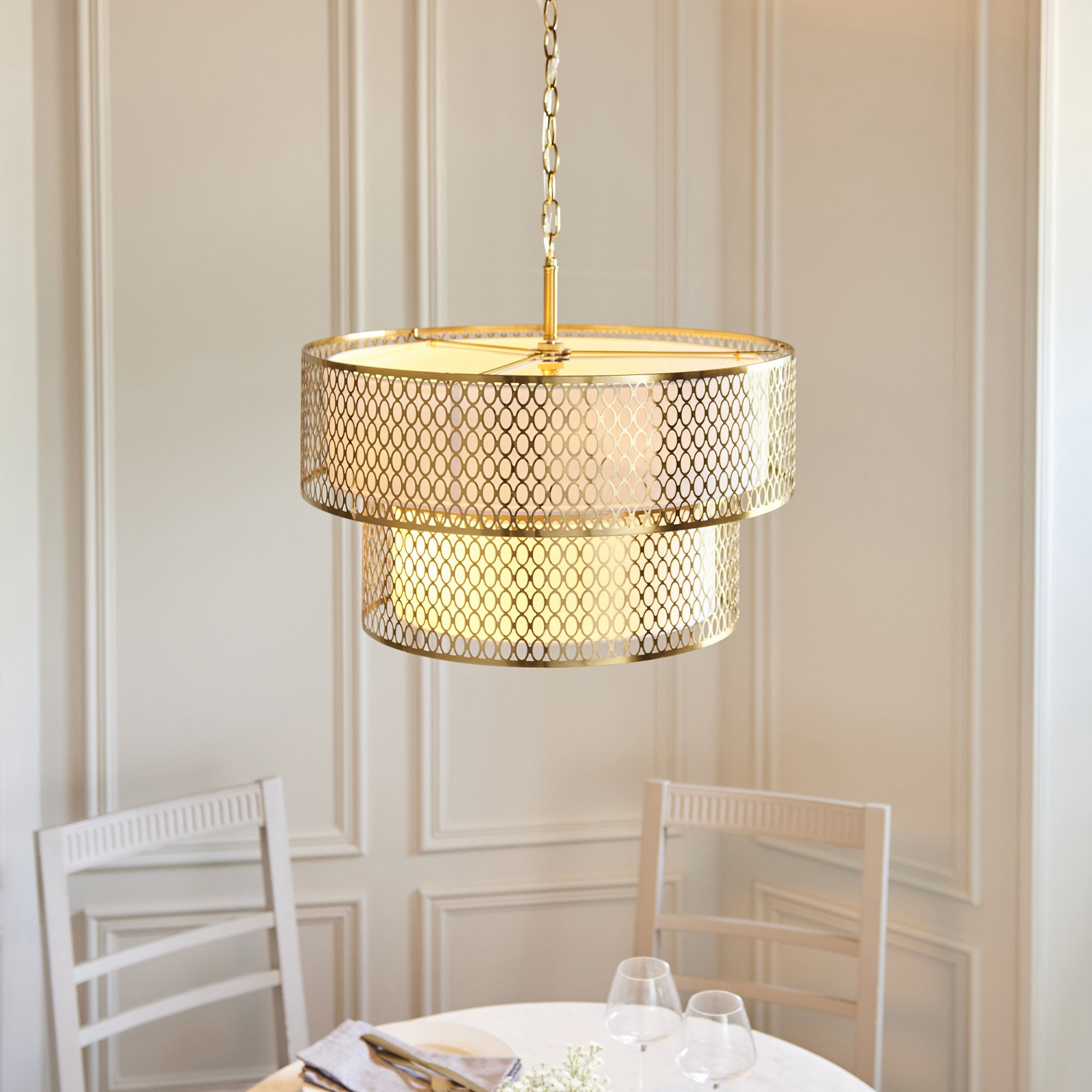 113420 Cordero 6 Light Tiered Pendant Gold Effect Plate, White Fabric & Frosted Glass