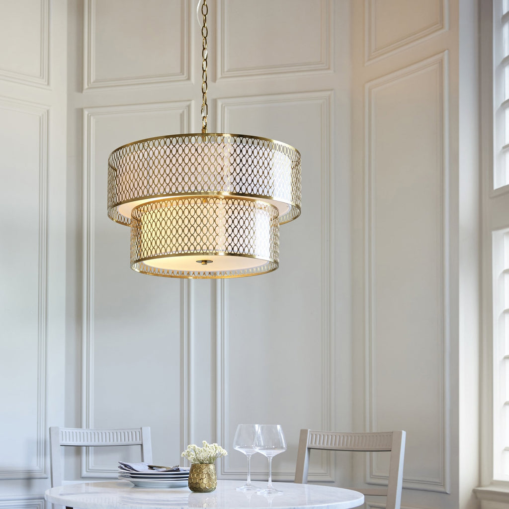113420 Cordero 6 Light Tiered Pendant Gold Effect Plate, White Fabric & Frosted Glass
