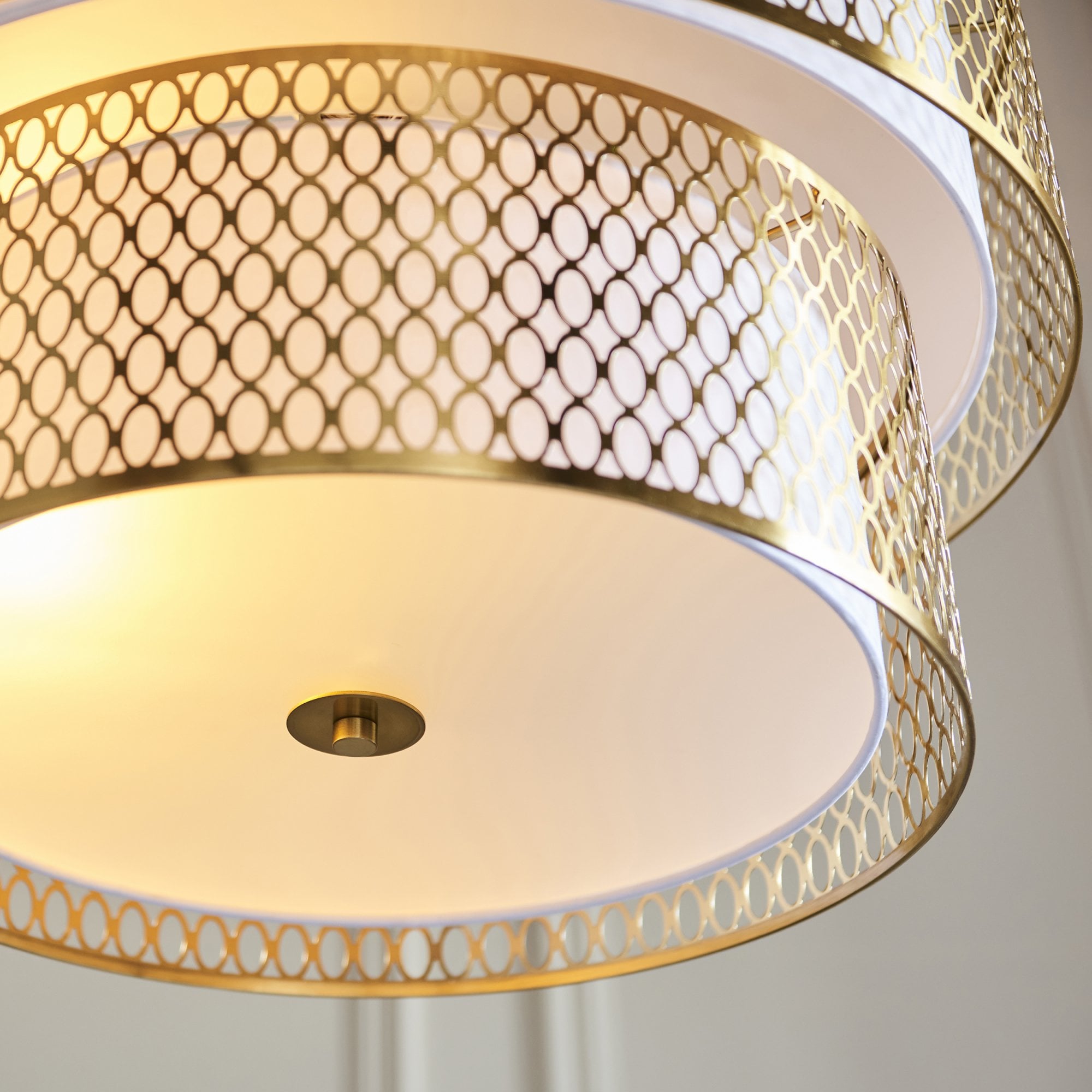 113420 Cordero 6 Light Tiered Pendant Gold Effect Plate, White Fabric & Frosted Glass