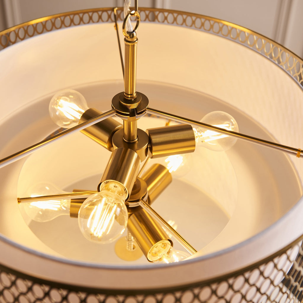 113420 Cordero 6 Light Tiered Pendant Gold Effect Plate, White Fabric & Frosted Glass