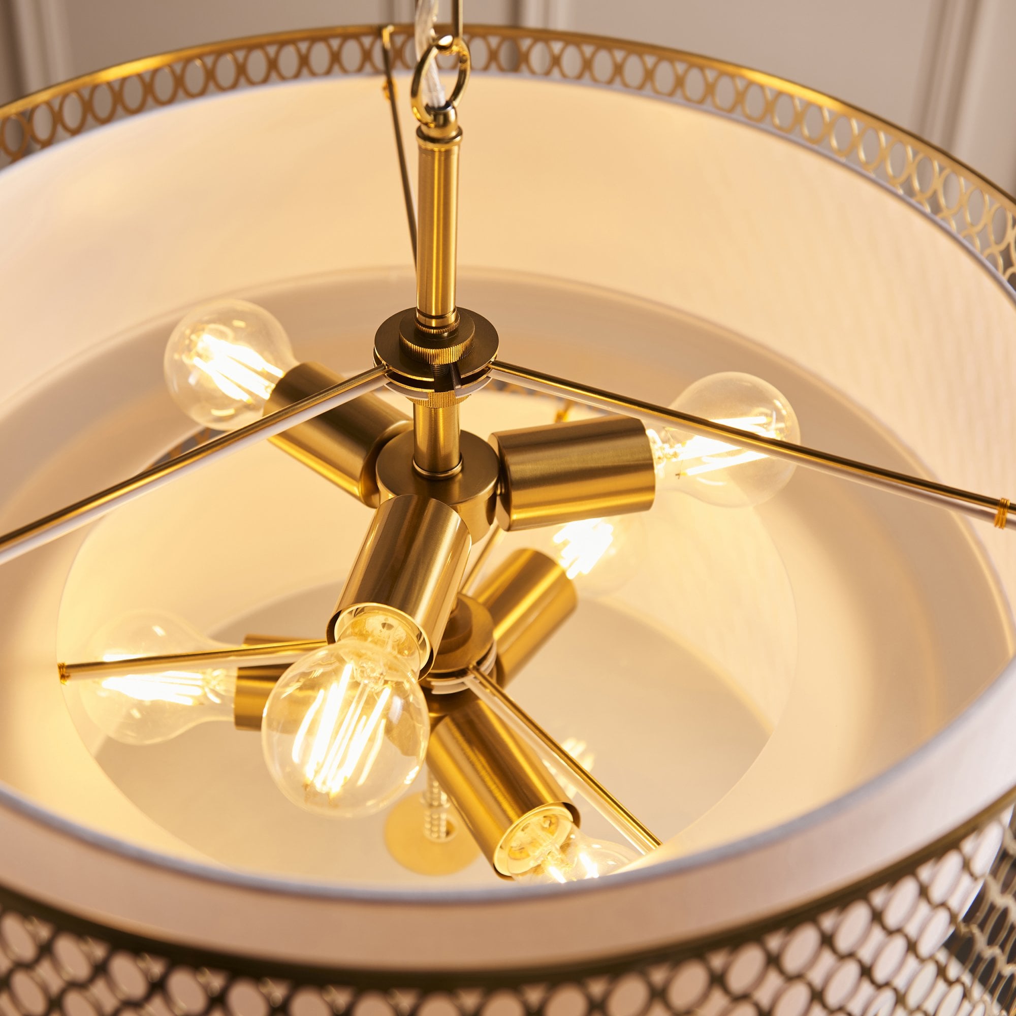 113420 Cordero 6 Light Tiered Pendant Gold Effect Plate, White Fabric & Frosted Glass