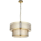 113420 Cordero 6 Light Tiered Pendant Gold Effect Plate, White Fabric & Frosted Glass