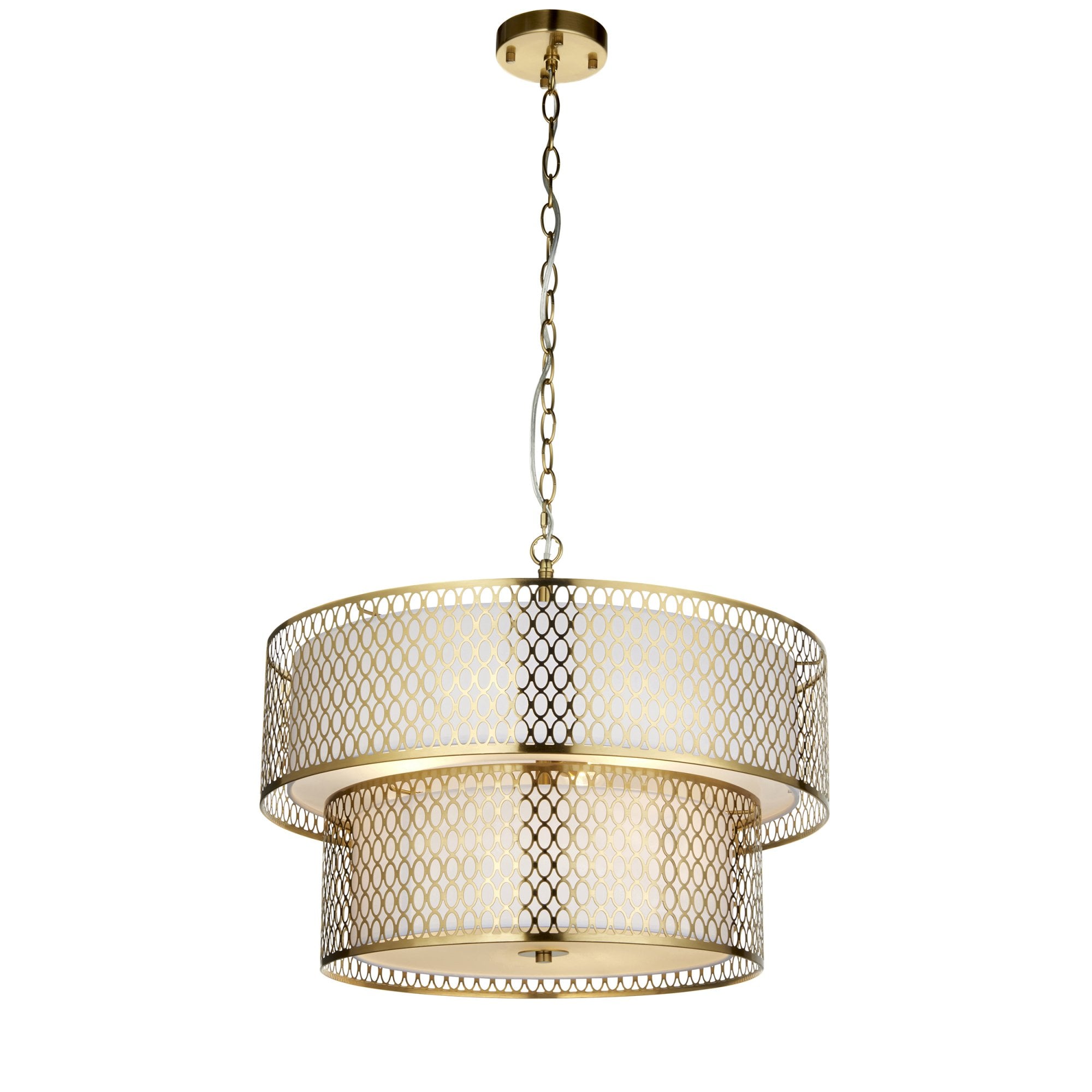 113420 Cordero 6 Light Tiered Pendant Gold Effect Plate, White Fabric & Frosted Glass