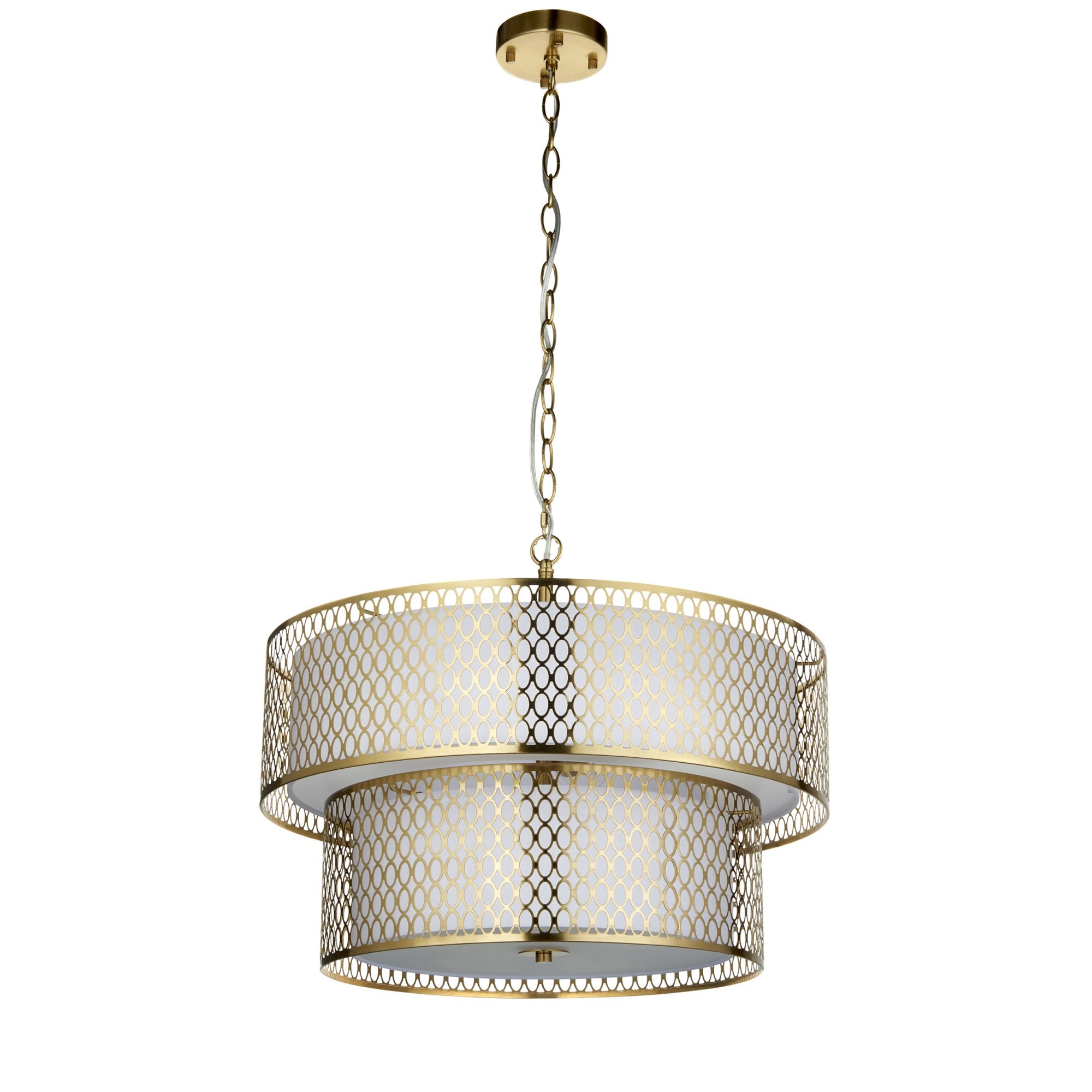 113420 Cordero 6 Light Tiered Pendant Gold Effect Plate, White Fabric & Frosted Glass