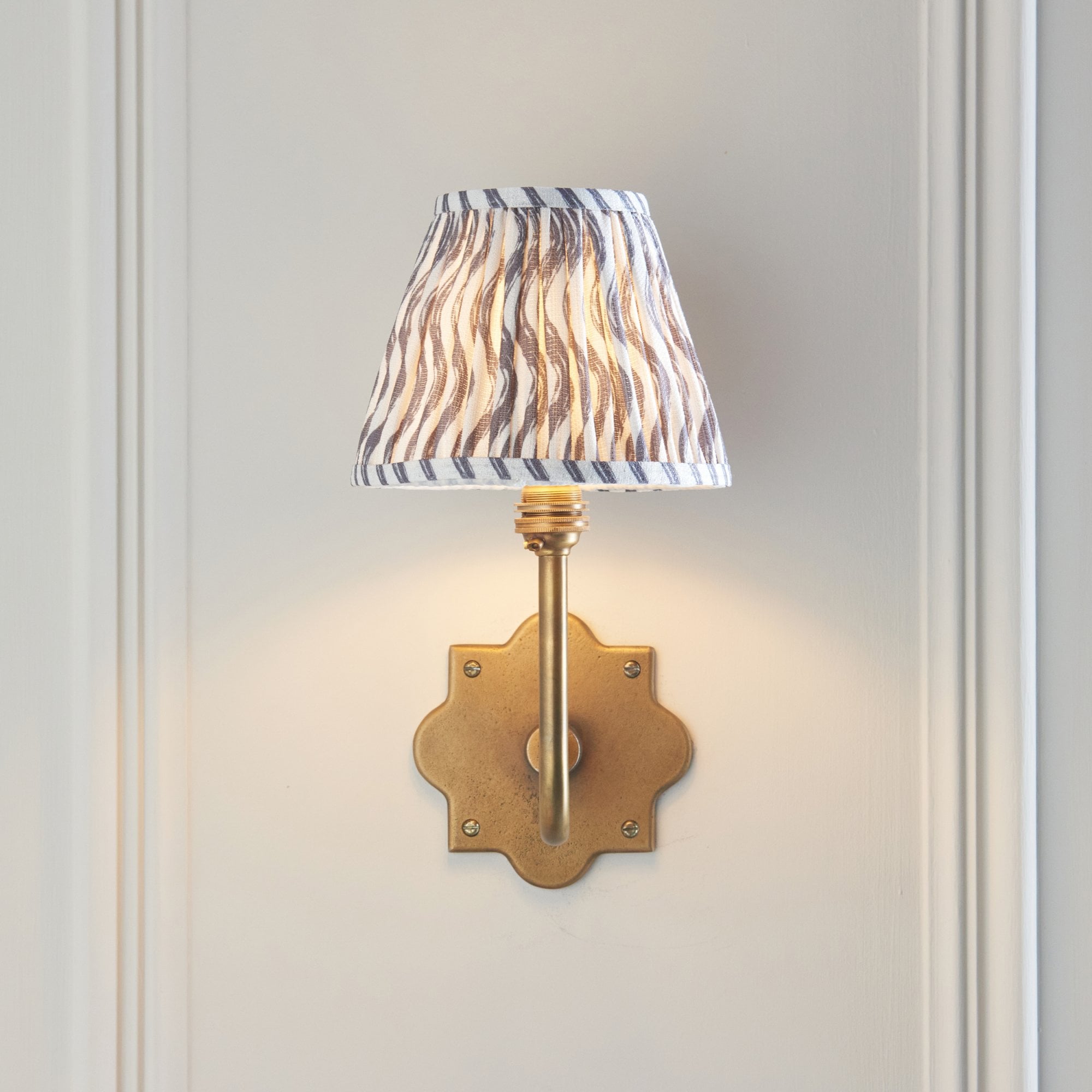 113734 Anvil Swan & Ripple 16cm Wall Light Antique Brass & Pearl Grey Fabric