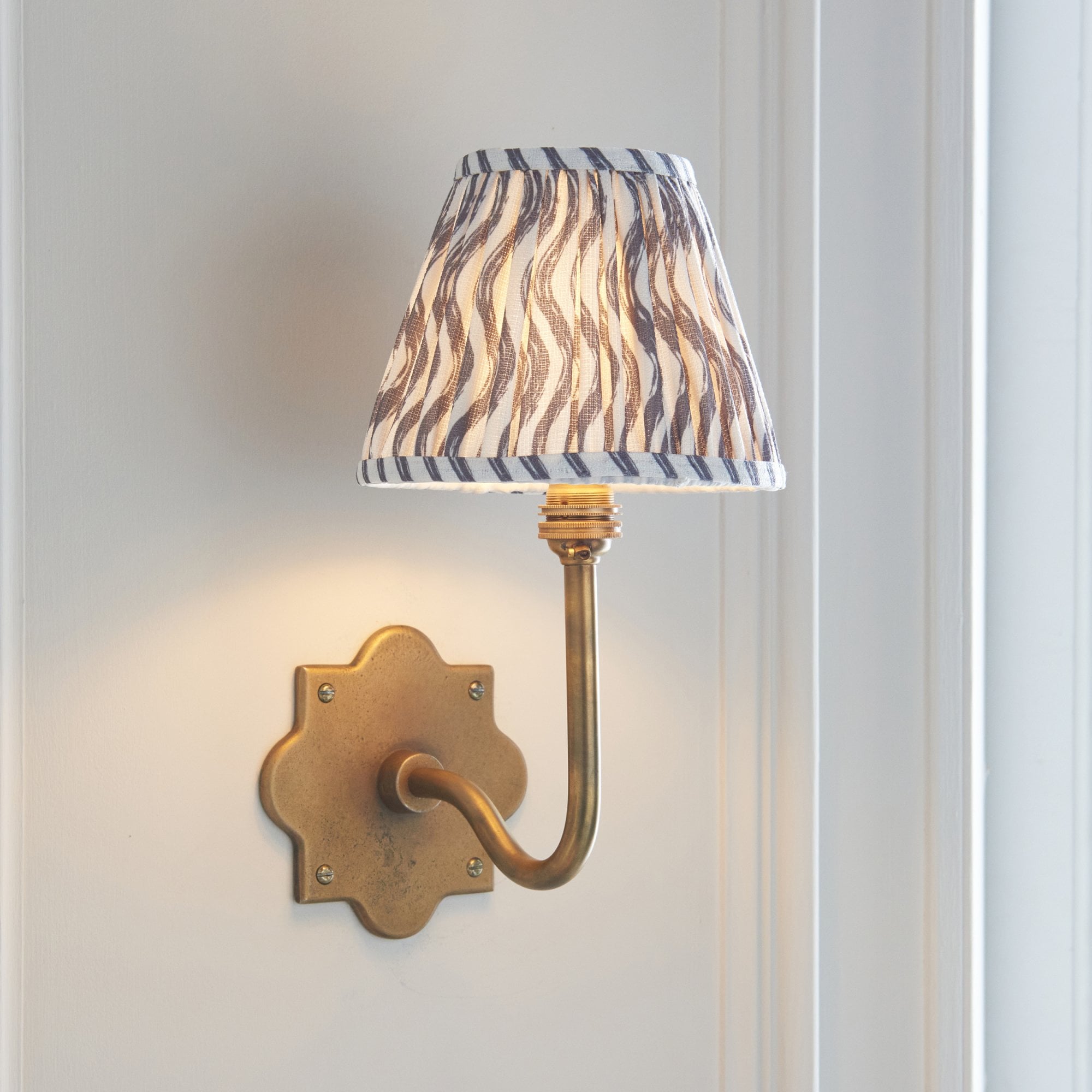 113734 Anvil Swan & Ripple 16cm Wall Light Antique Brass & Pearl Grey Fabric