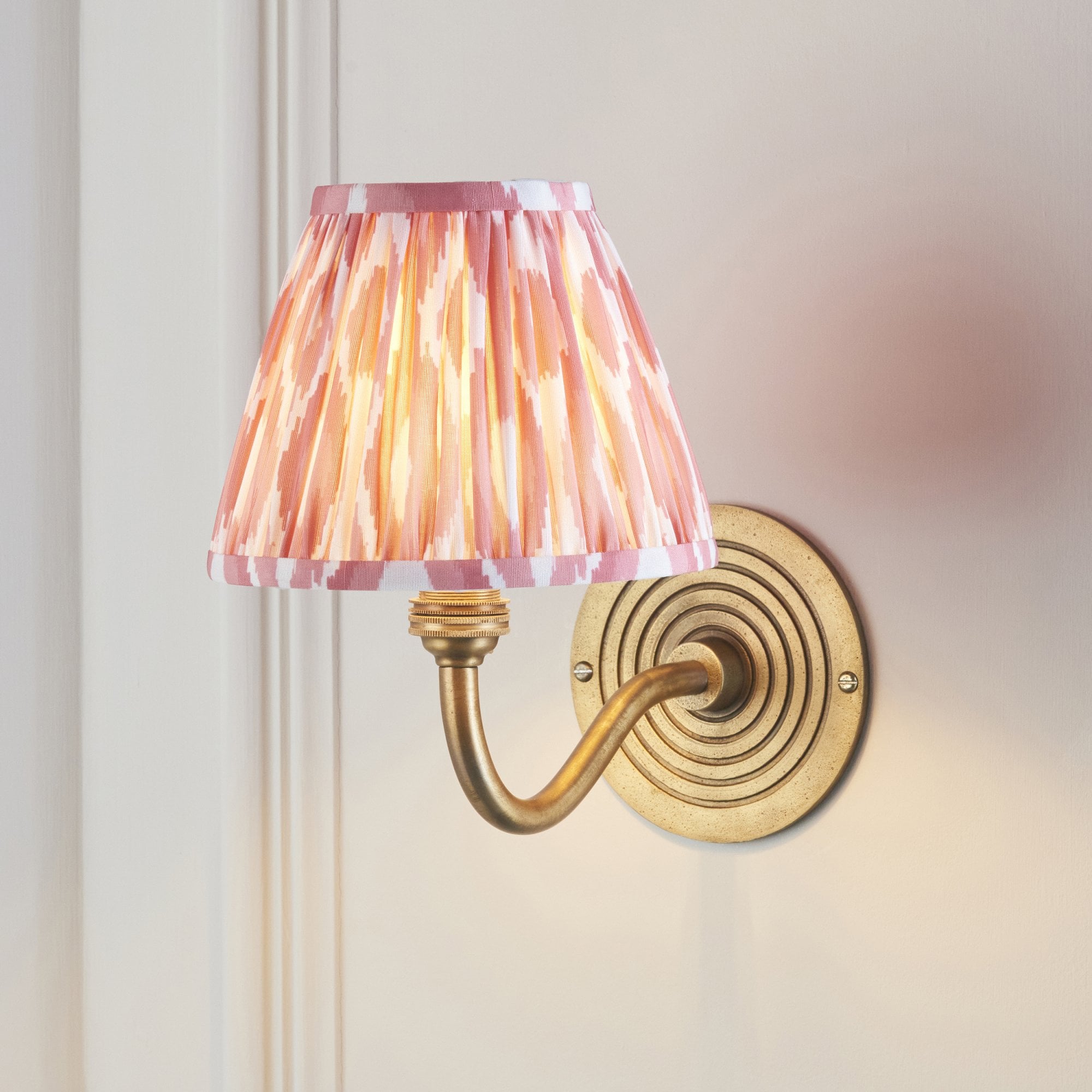 114088 Ripple Curve & Ikat 16cm Wall Light Antique Brass & Coral Pink Fabric