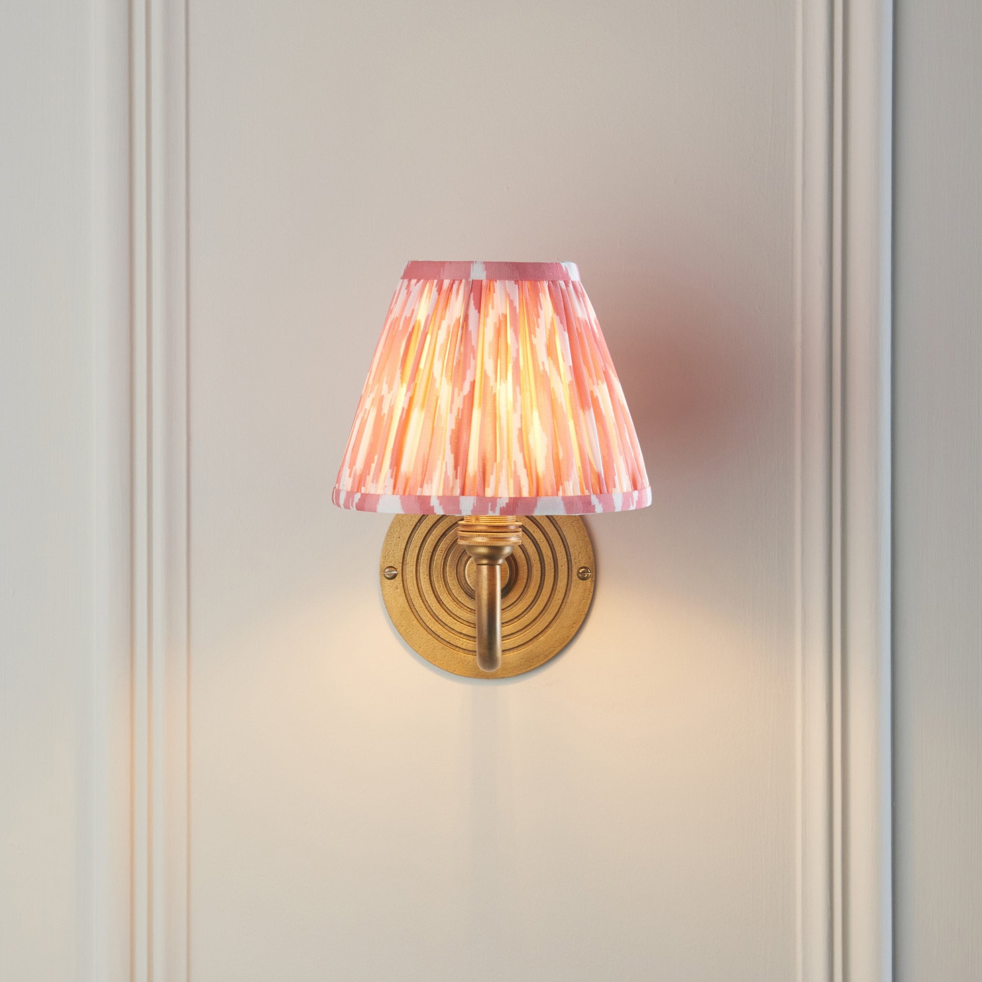 114088 Ripple Curve & Ikat 16cm Wall Light Antique Brass & Coral Pink Fabric