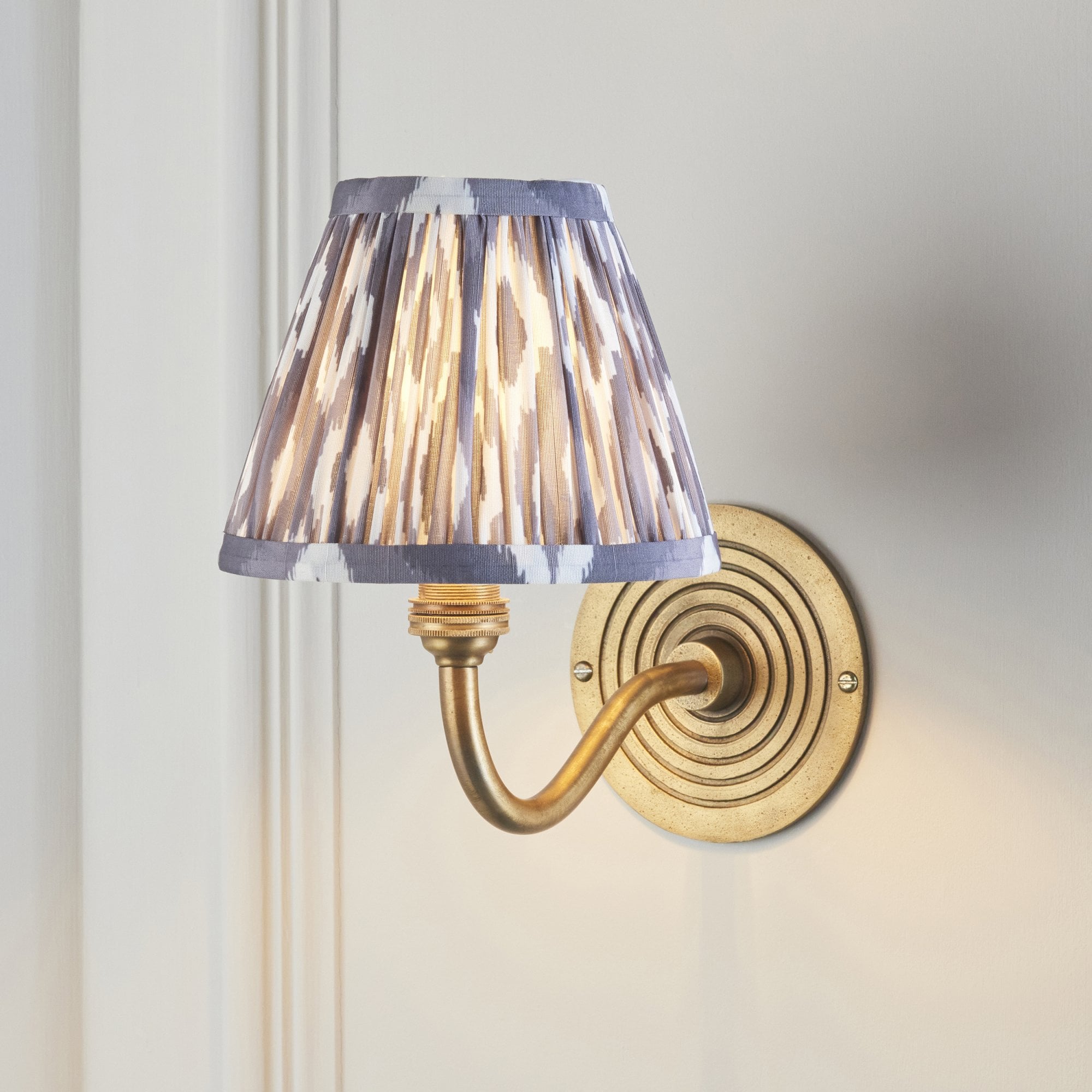 114097 Ripple Curve & Ikat 16cm Wall Light Antique Brass & Pearl Grey Fabric