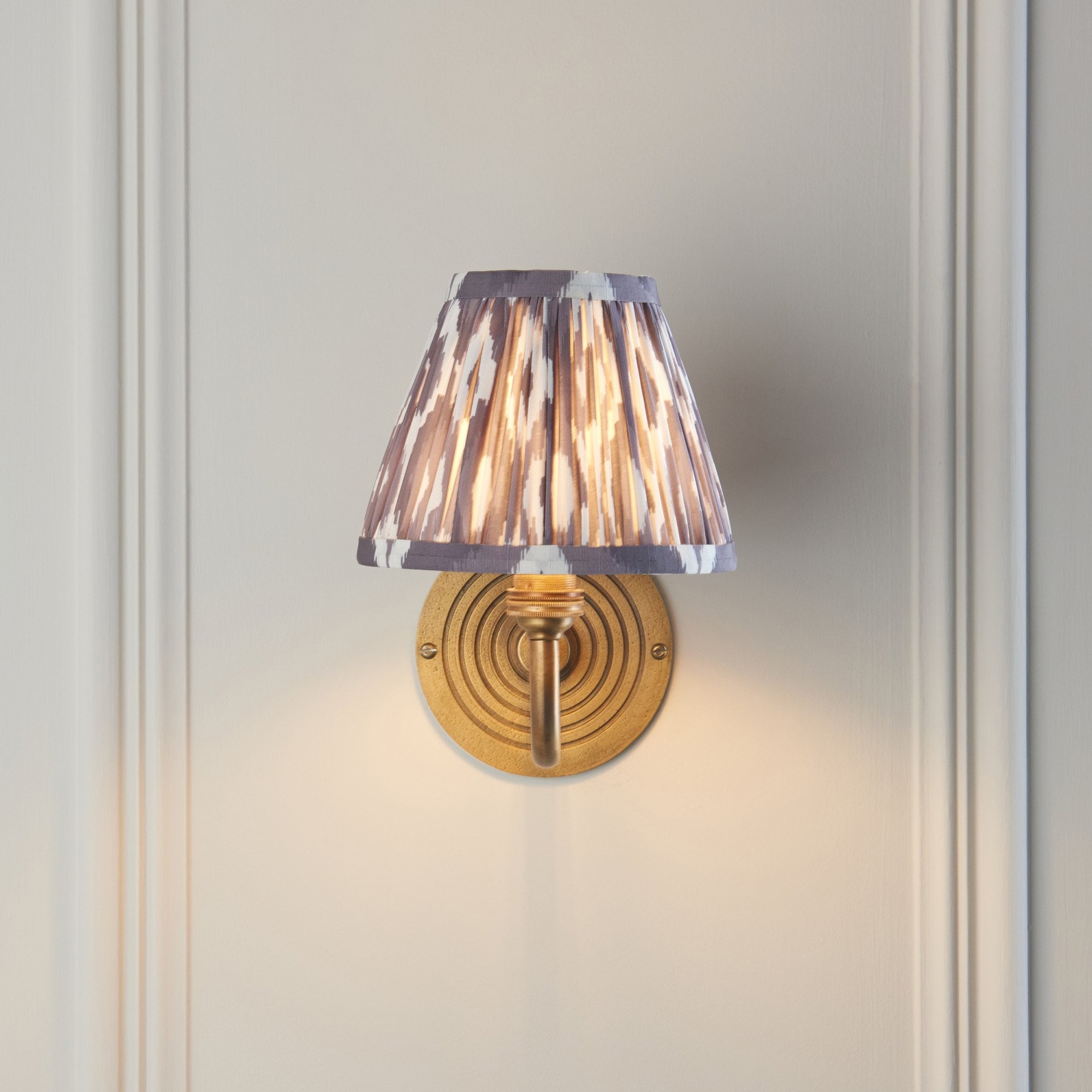114097 Ripple Curve & Ikat 16cm Wall Light Antique Brass & Pearl Grey Fabric
