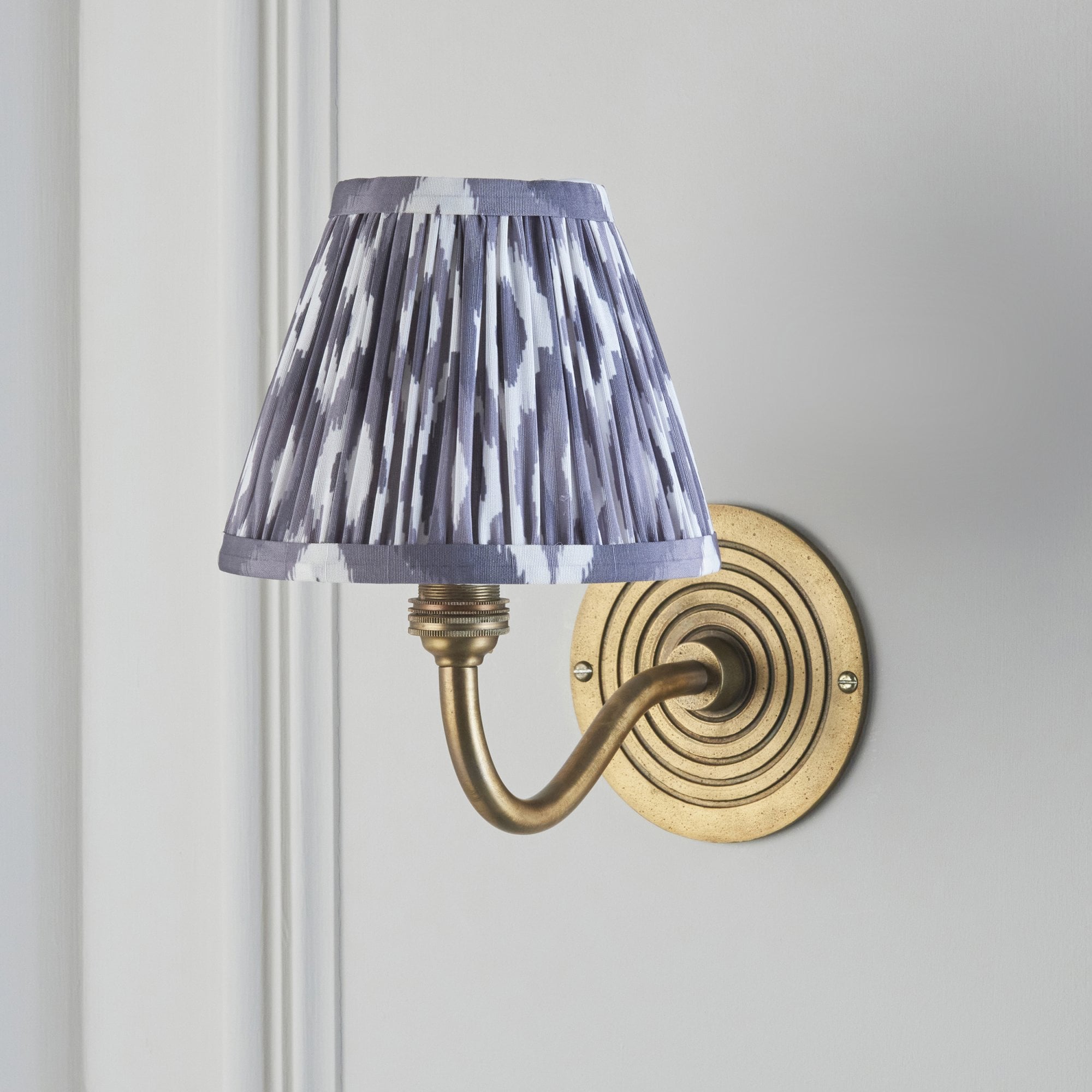 114097 Ripple Curve & Ikat 16cm Wall Light Antique Brass & Pearl Grey Fabric