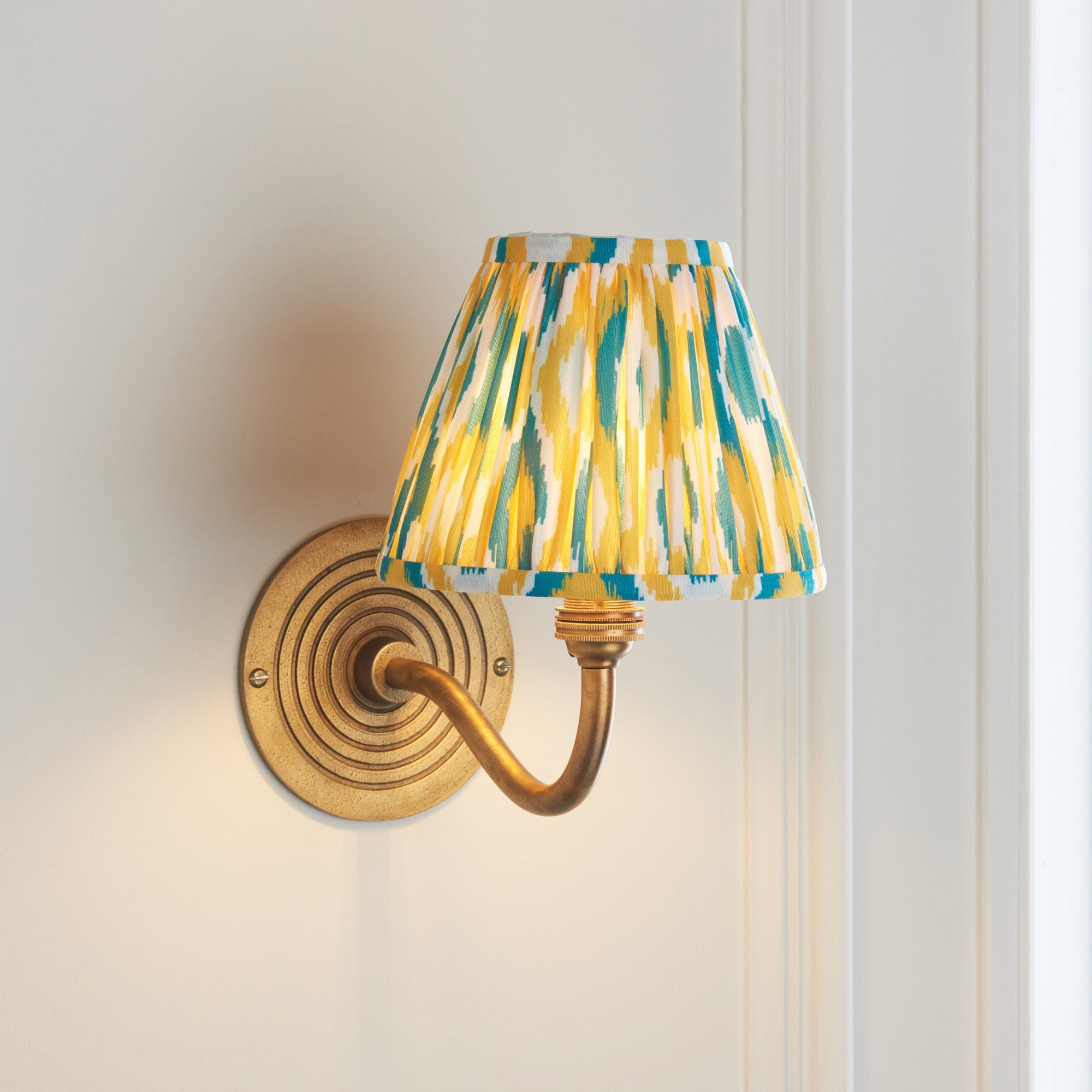 114099 Ripple Curve & Ikat 16cm Wall Light Antique Brass With Yellow & Jade Fabric