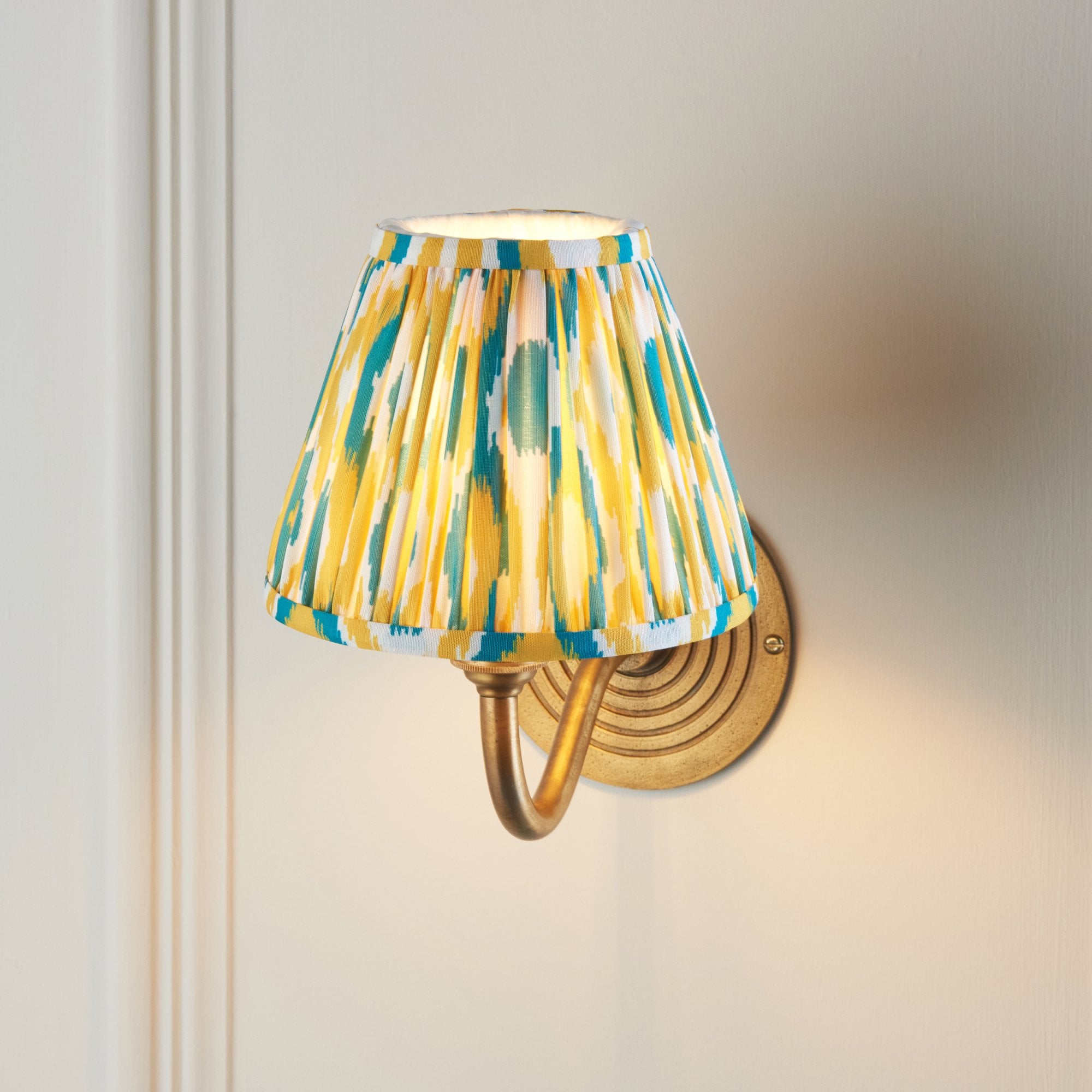 114099 Ripple Curve & Ikat 16cm Wall Light Antique Brass With Yellow & Jade Fabric