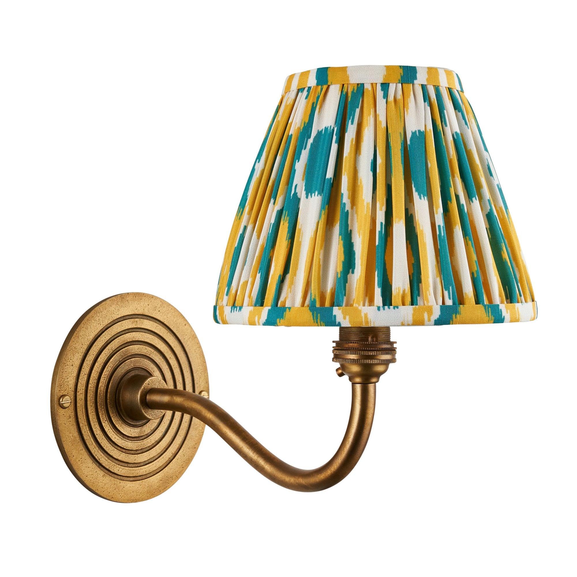 114099 Ripple Curve & Ikat 16cm Wall Light Antique Brass With Yellow & Jade Fabric