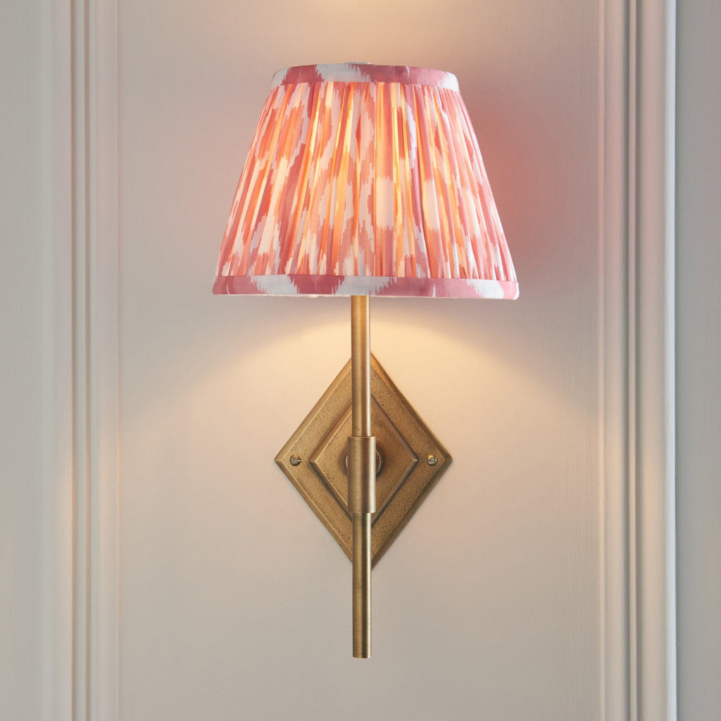 114153 Diamond Tall & Ikat 20cm Wall Light Antique Brass & Coral Pink Fabric