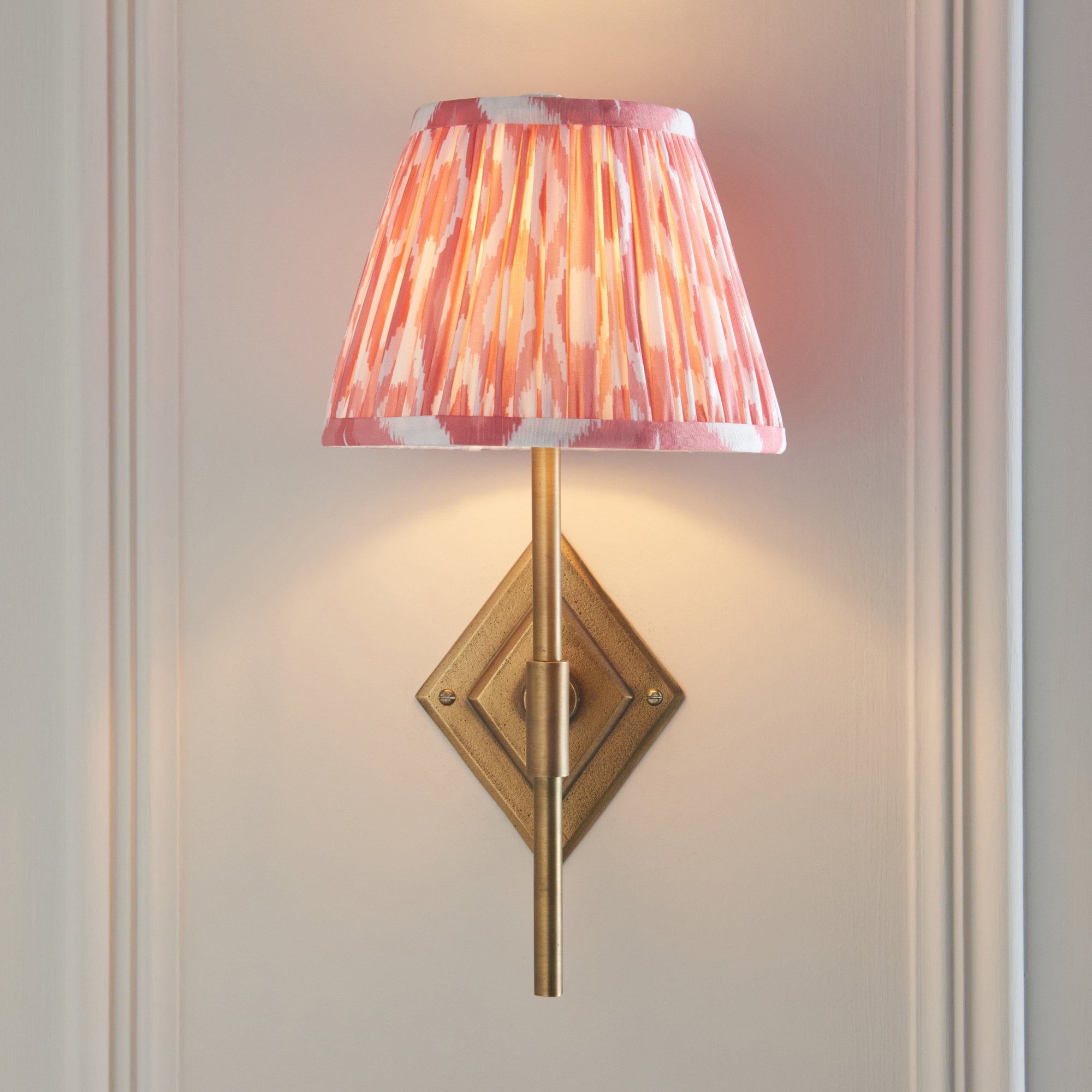 114153 Diamond Tall & Ikat 20cm Wall Light Antique Brass & Coral Pink Fabric