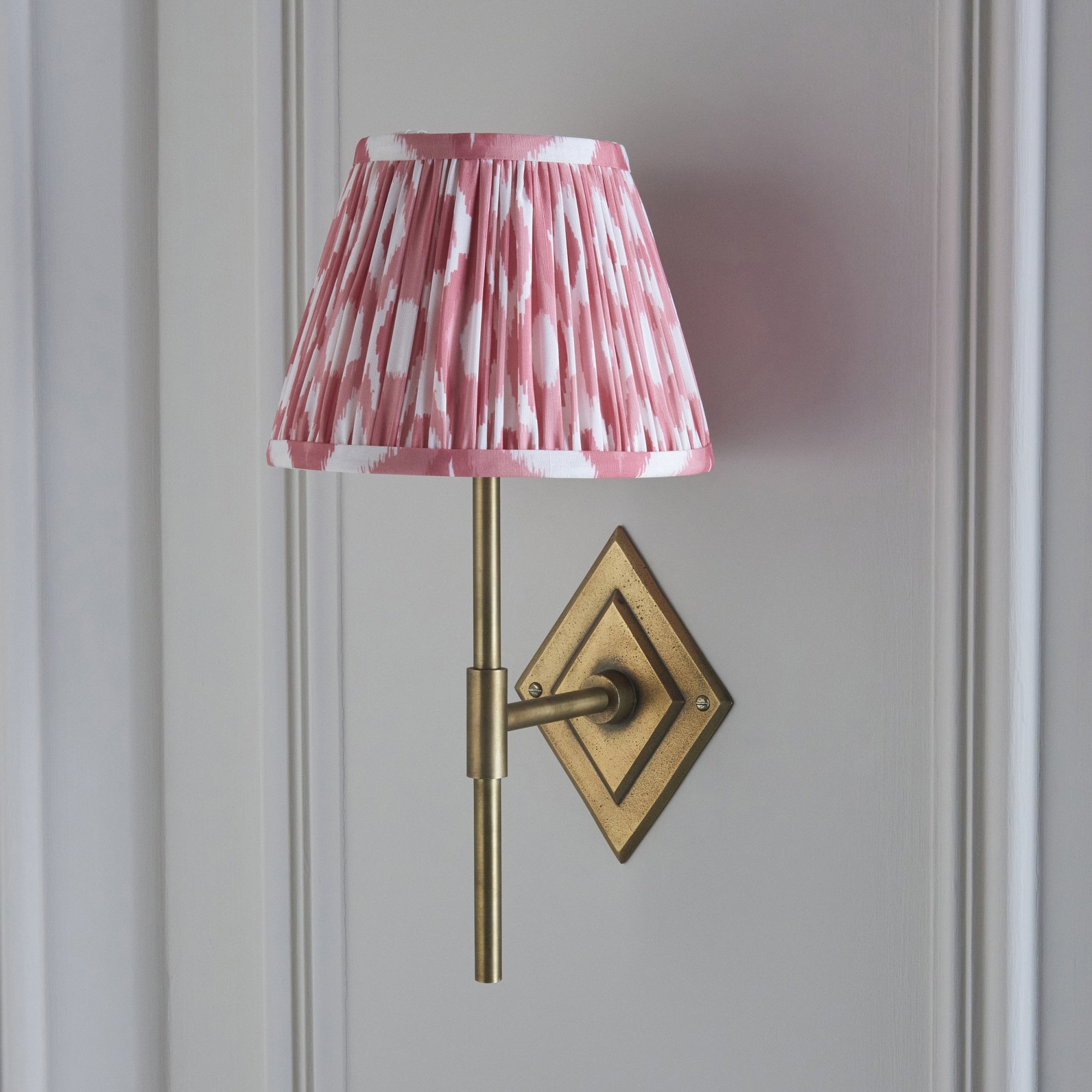 114153 Diamond Tall & Ikat 20cm Wall Light Antique Brass & Coral Pink Fabric