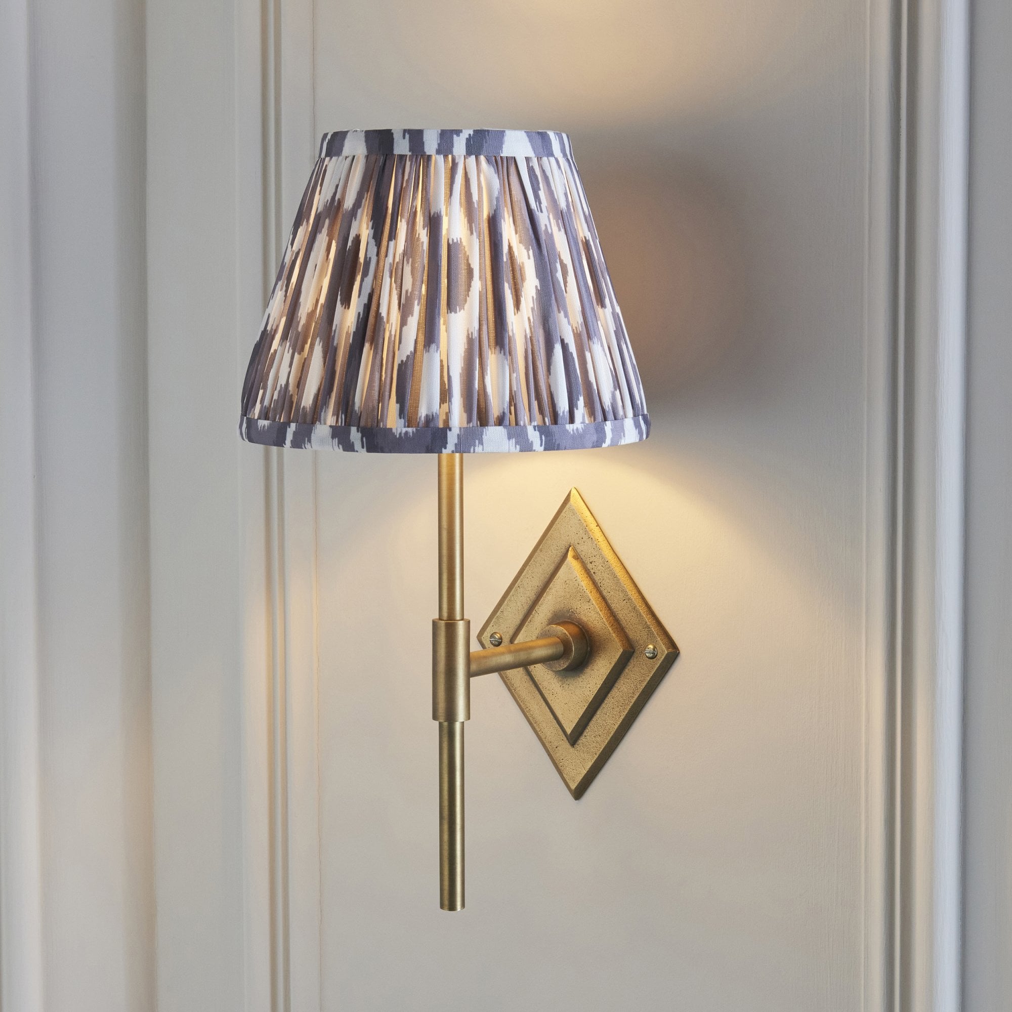 114161 Diamond Tall & Ikat 20cm Wall Light Antique Brass & Pearl Grey Fabric