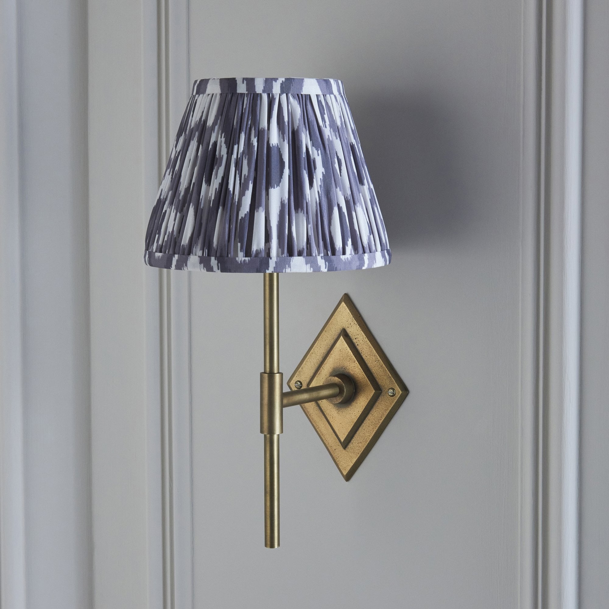 114161 Diamond Tall & Ikat 20cm Wall Light Antique Brass & Pearl Grey Fabric