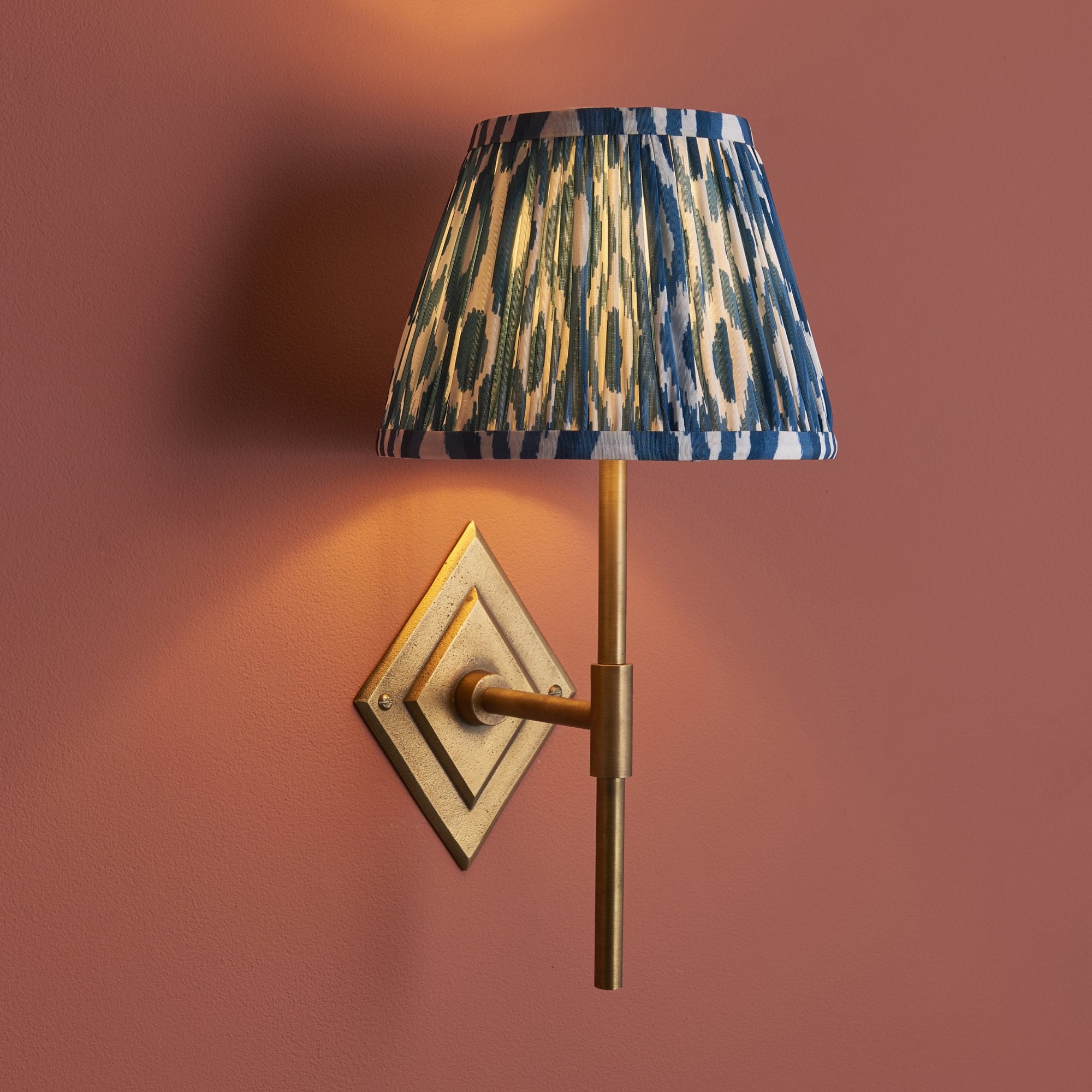 114162 Diamond Tall & Ikat 20cm Wall Light Antique Brass & Marlin Blue Fabric