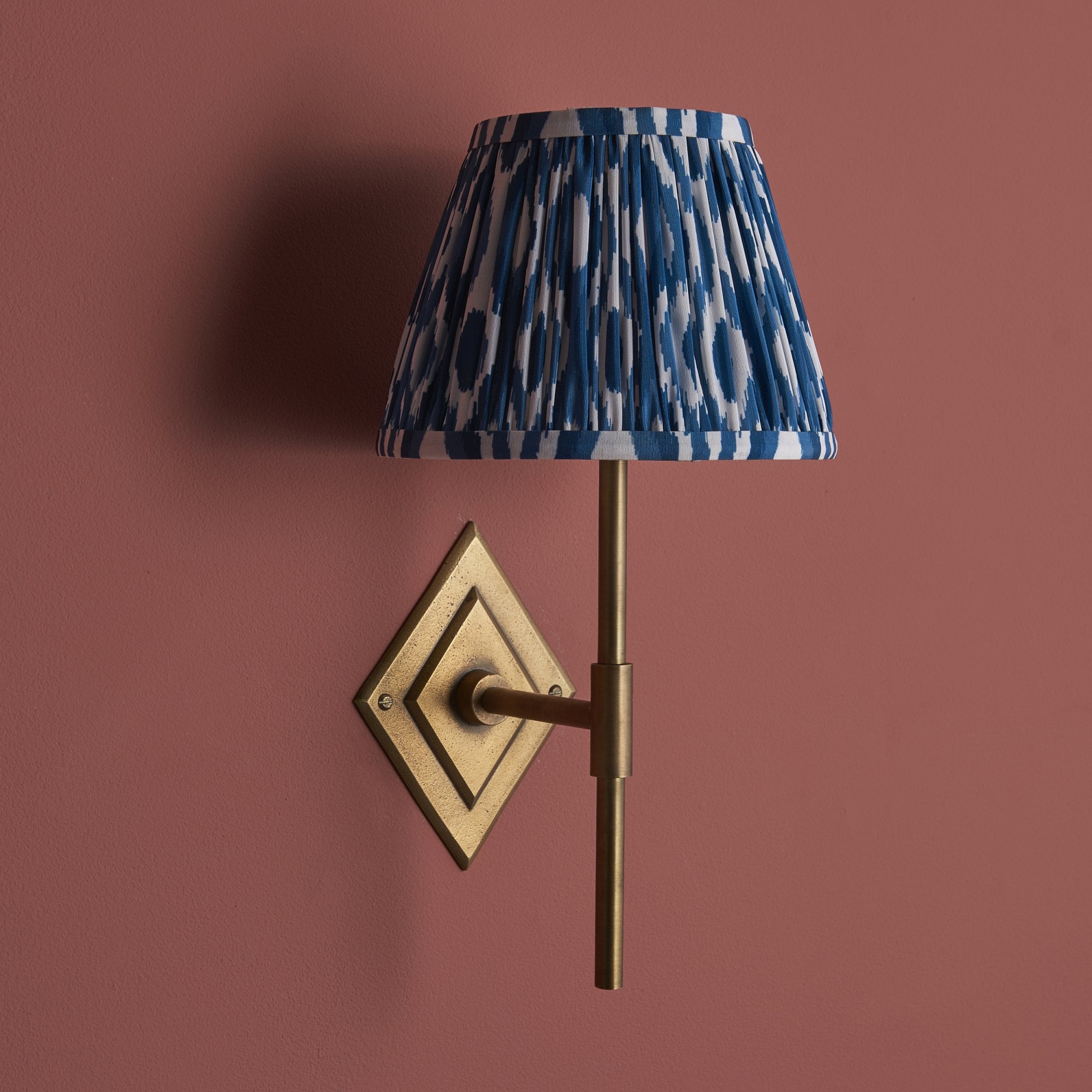 114162 Diamond Tall & Ikat 20cm Wall Light Antique Brass & Marlin Blue Fabric