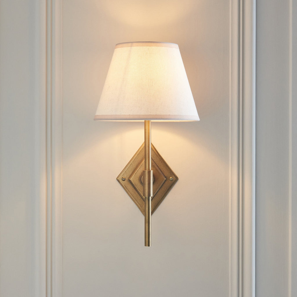 114165 Diamond Tall & Ivy 20cm Wall Light Antique Brass & Vintage White Fabric