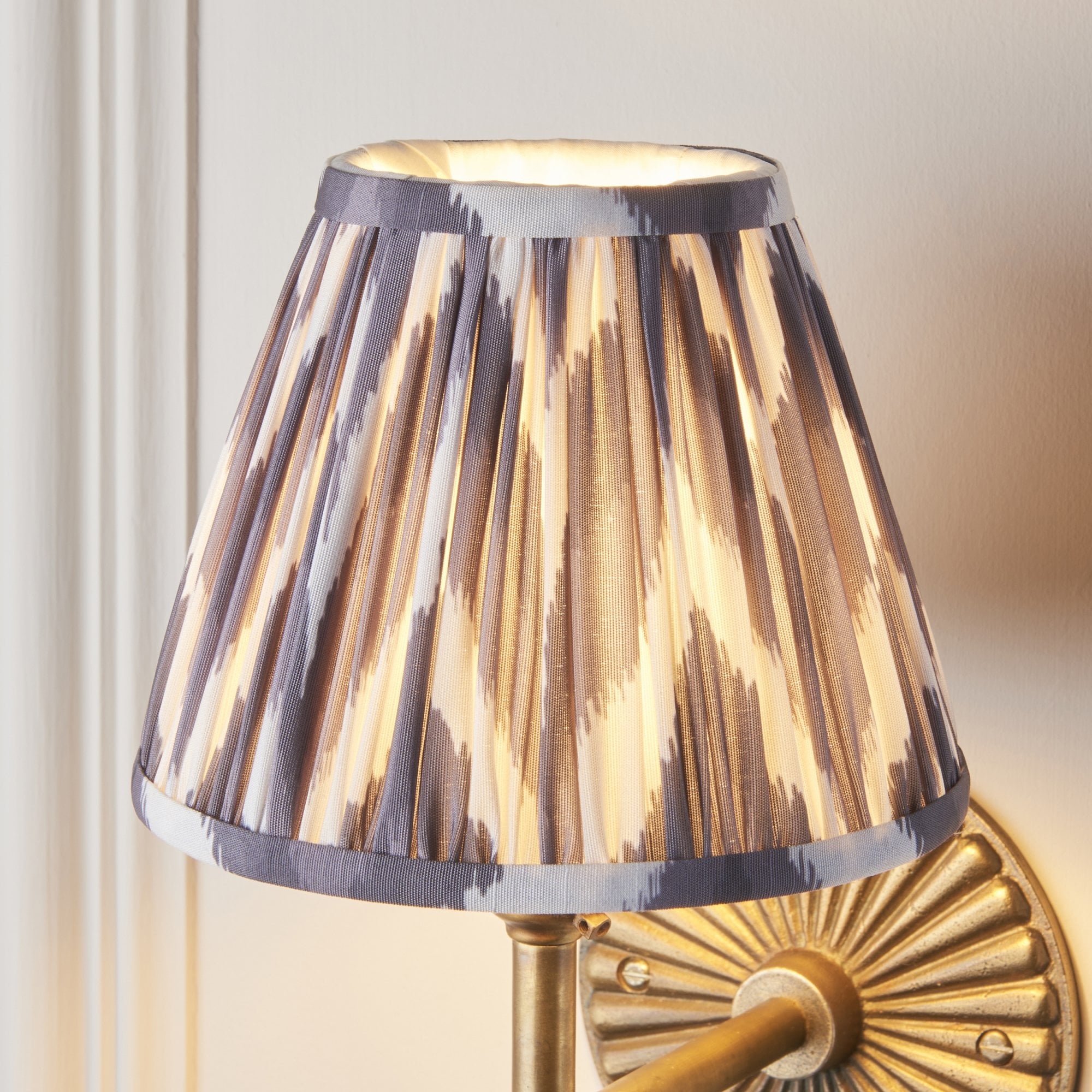 115317 Dahlia Angle & Zigzag 16cm Wall Light Antique Brass & Pearl Grey Fabric