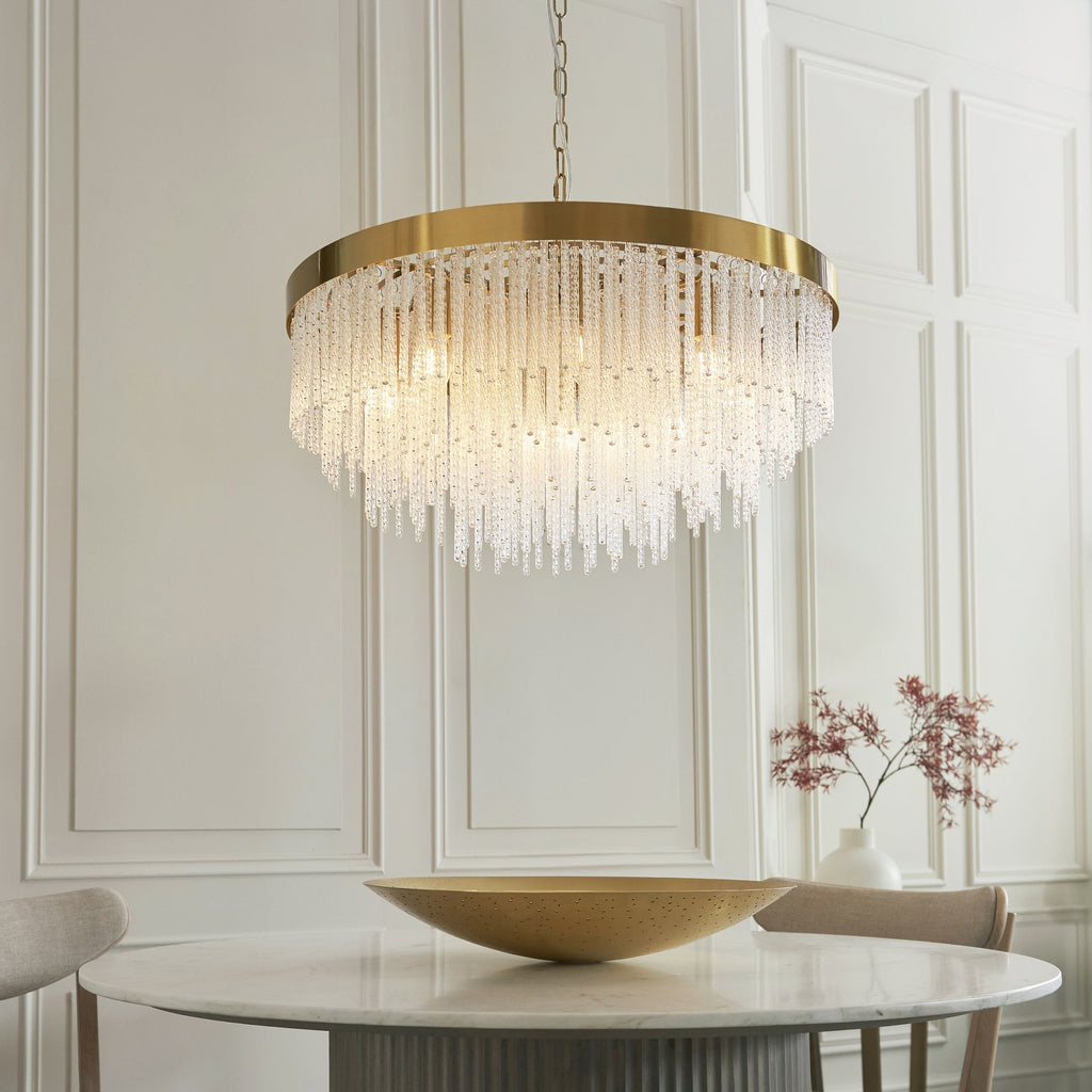 115347 Anistoria Grand 9 Light Pendant Brushed Aged Brass Plate & Clear Glass