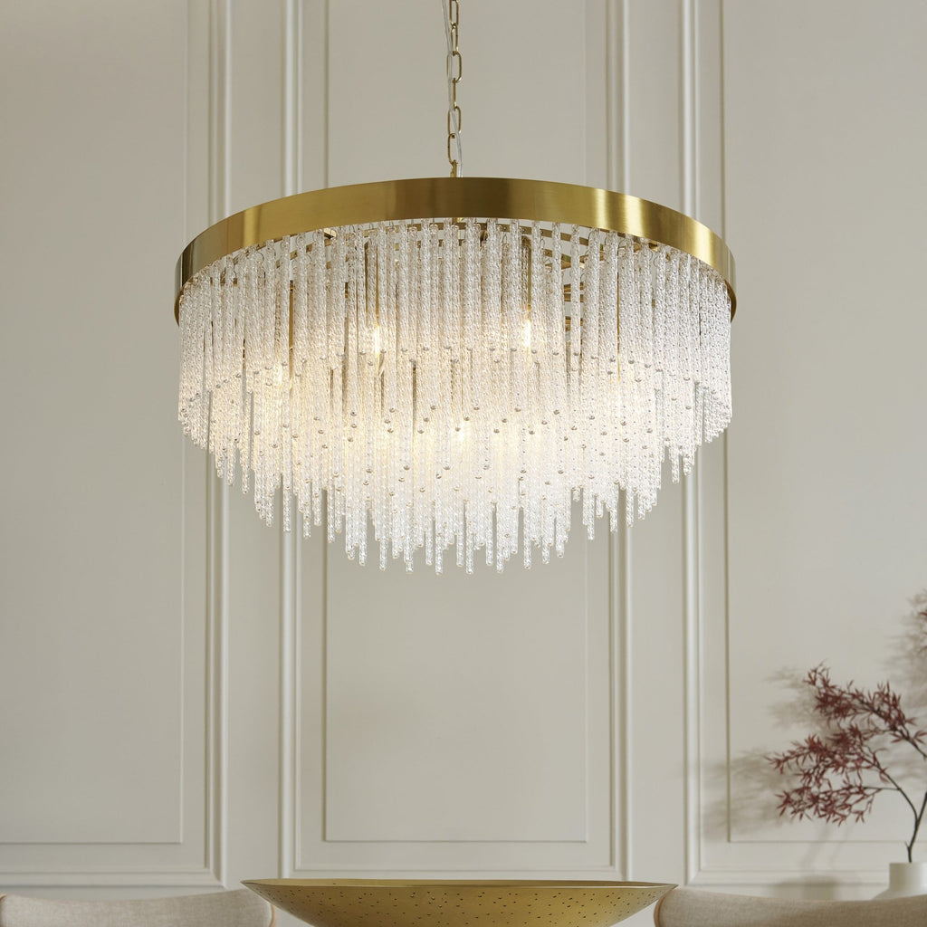 115347 Anistoria Grand 9 Light Pendant Brushed Aged Brass Plate & Clear Glass