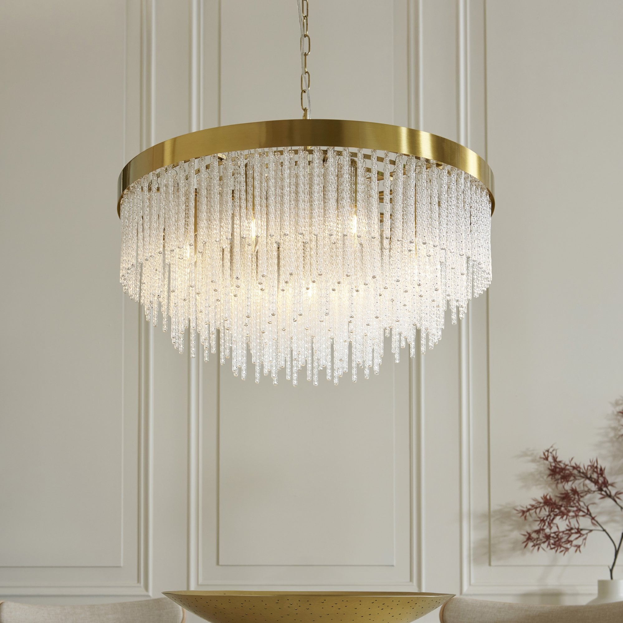 115347 Anistoria Grand 9 Light Pendant Brushed Aged Brass Plate & Clear Glass