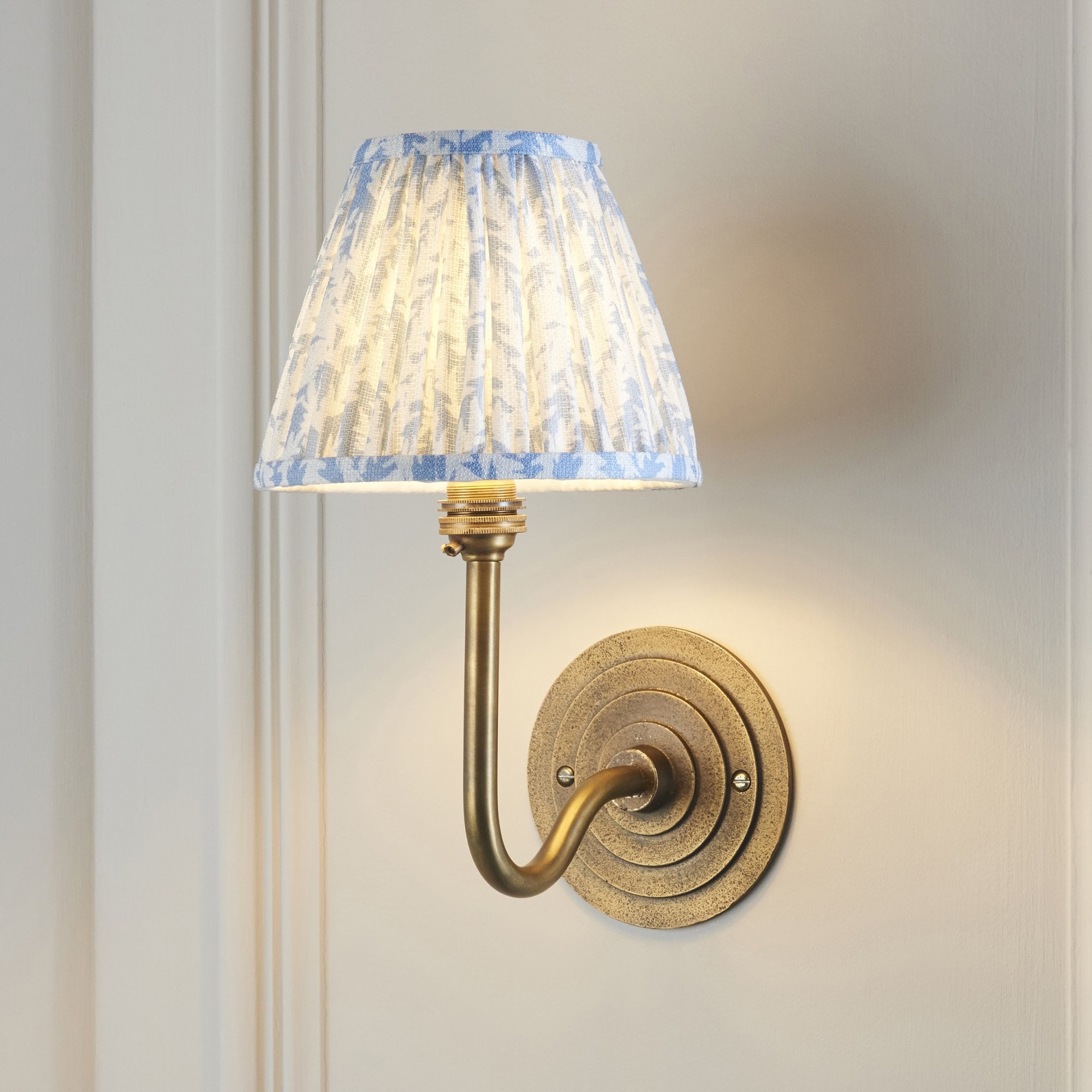 115464 Halo Swan & Leaf 16cm Wall Light Antique Brass & Shell Bay Blue Fabric