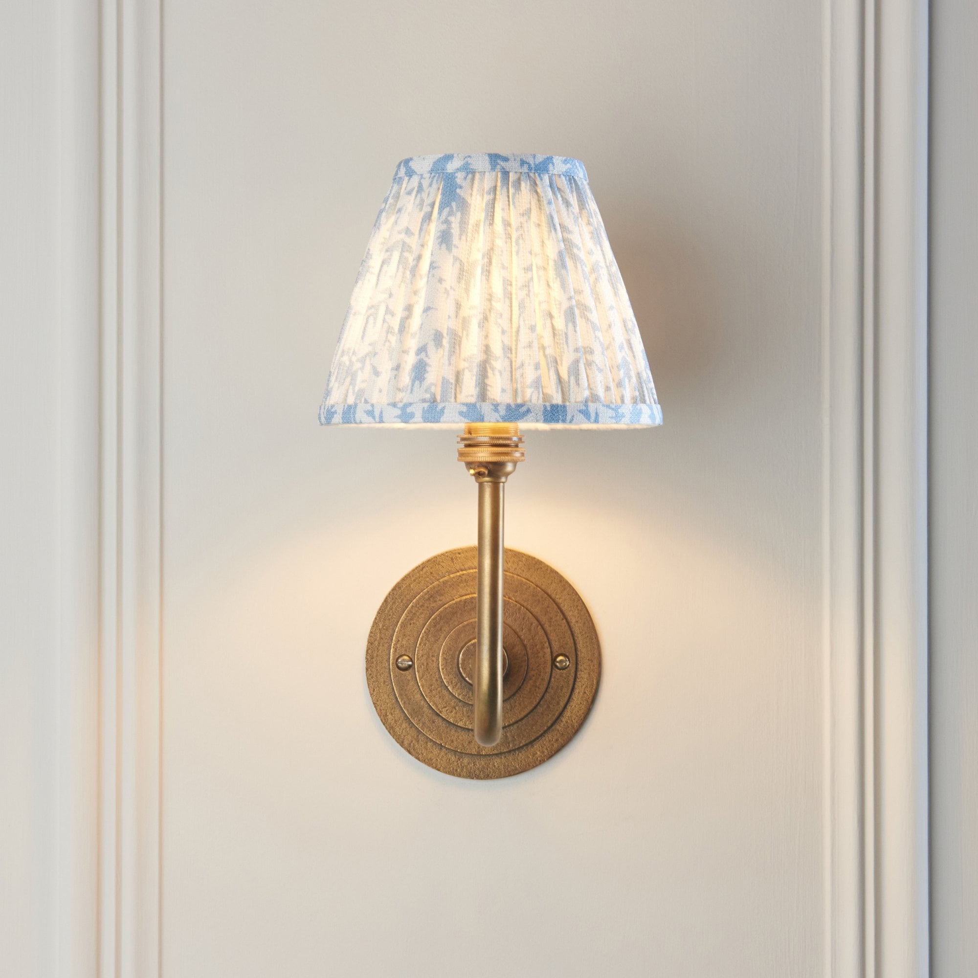 115464 Halo Swan & Leaf 16cm Wall Light Antique Brass & Shell Bay Blue Fabric