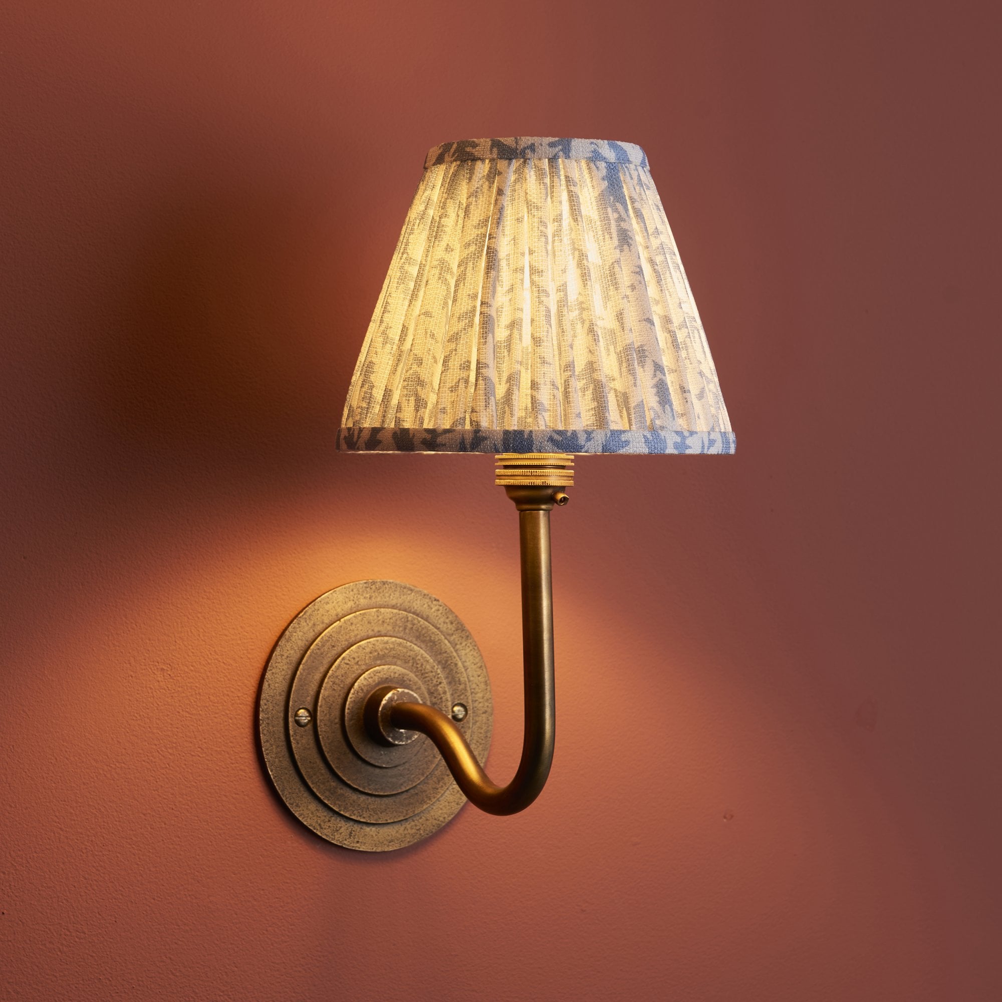 115464 Halo Swan & Leaf 16cm Wall Light Antique Brass & Shell Bay Blue Fabric
