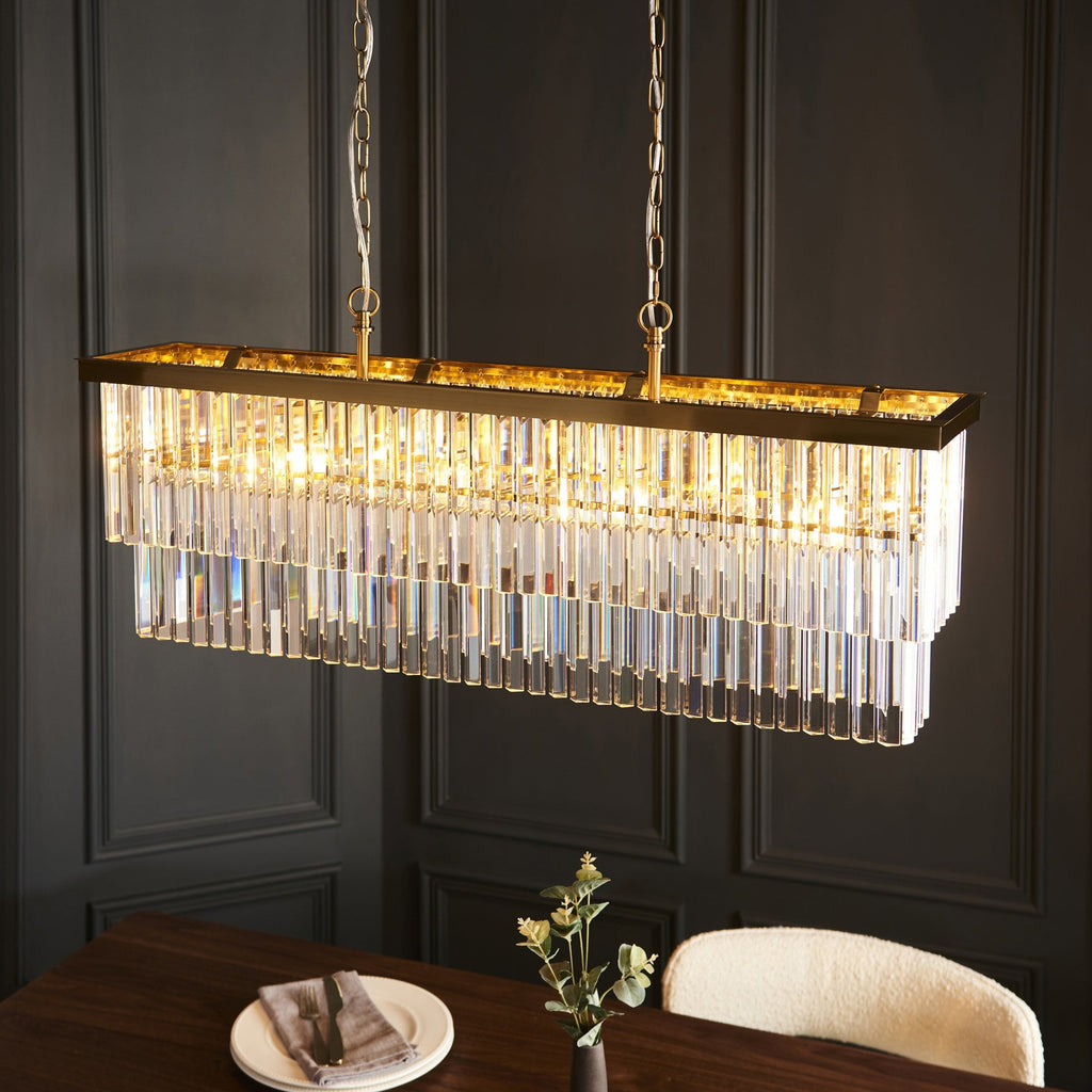 115950 Conaston 4 Light Linear Pendant Brushed Aged Brass Plate & Clear Cut Glass