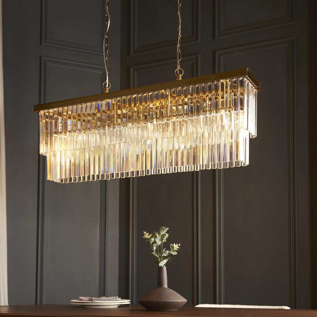 115950 Conaston 4 Light Linear Pendant Brushed Aged Brass Plate & Clear Cut Glass