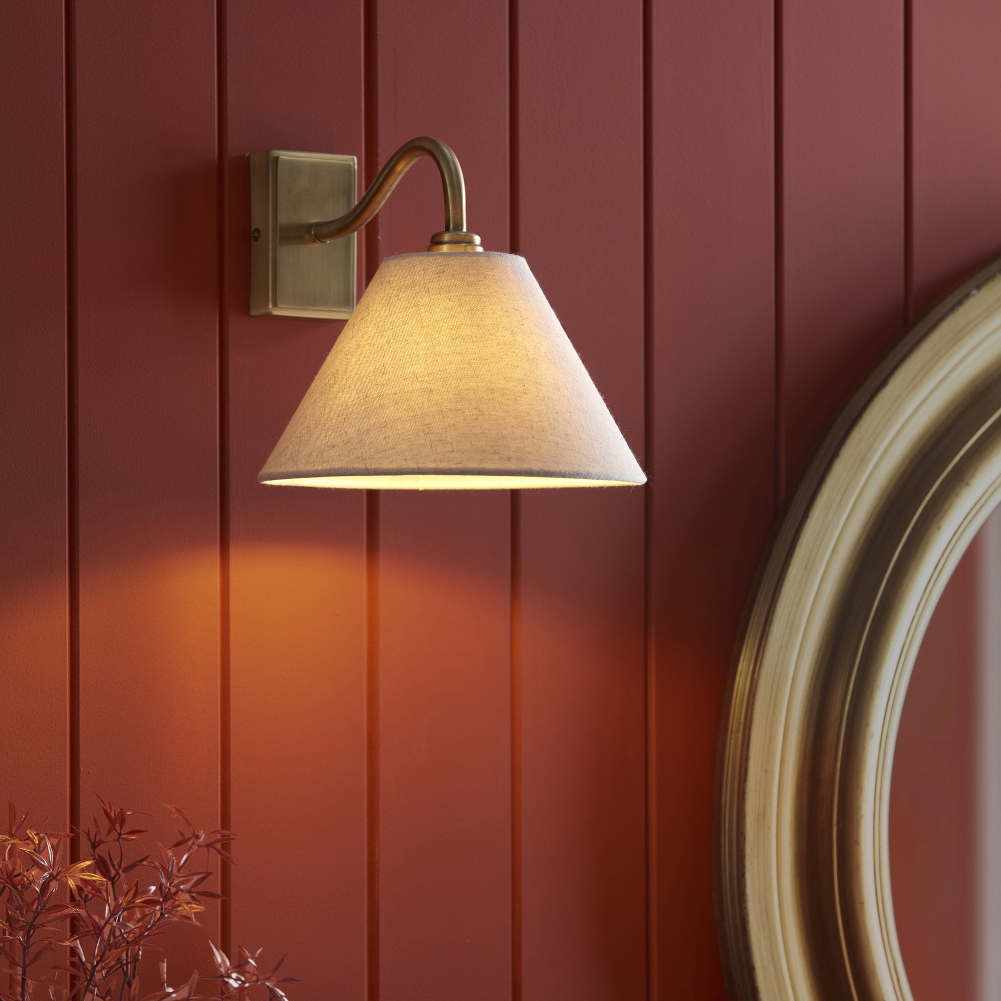 116911 Knole Wall Light Antique Brass Plate & Natural Faux Linen