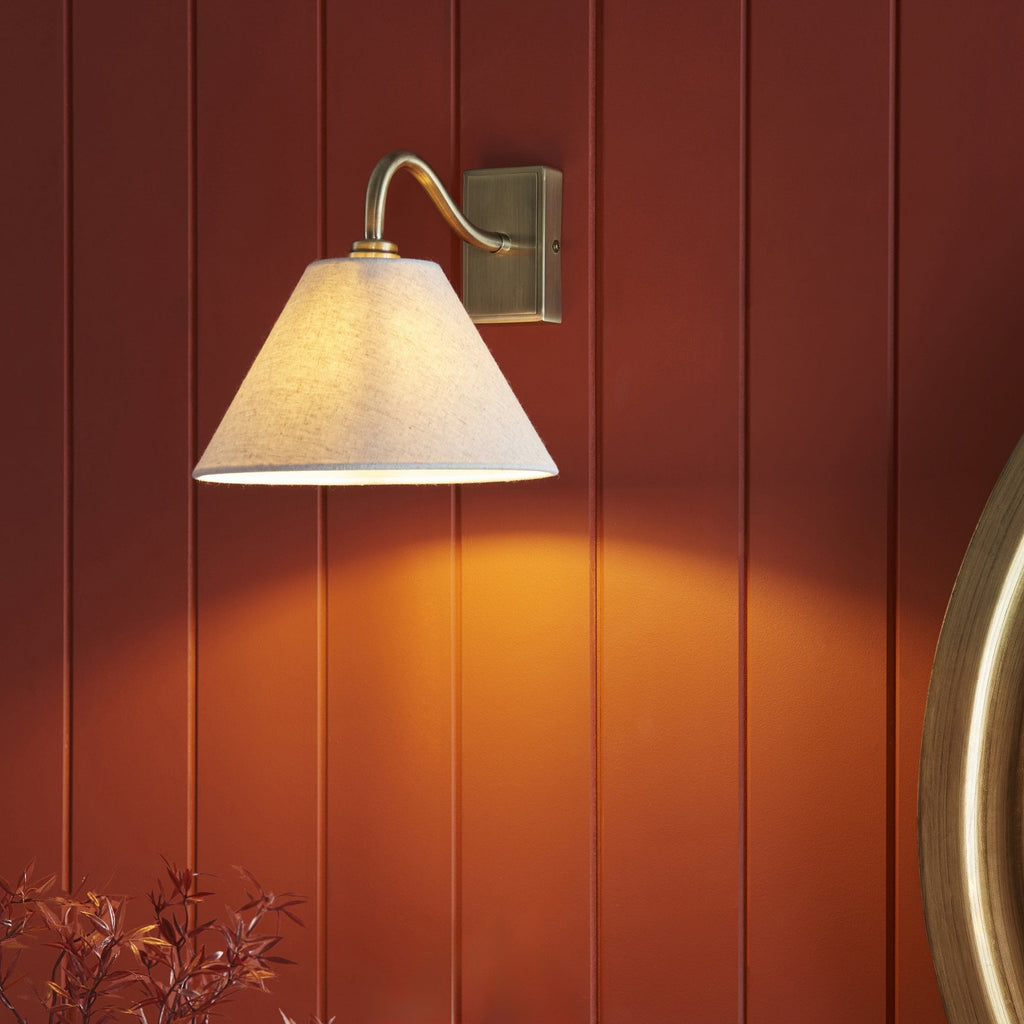 116911 Knole Wall Light Antique Brass Plate & Natural Faux Linen