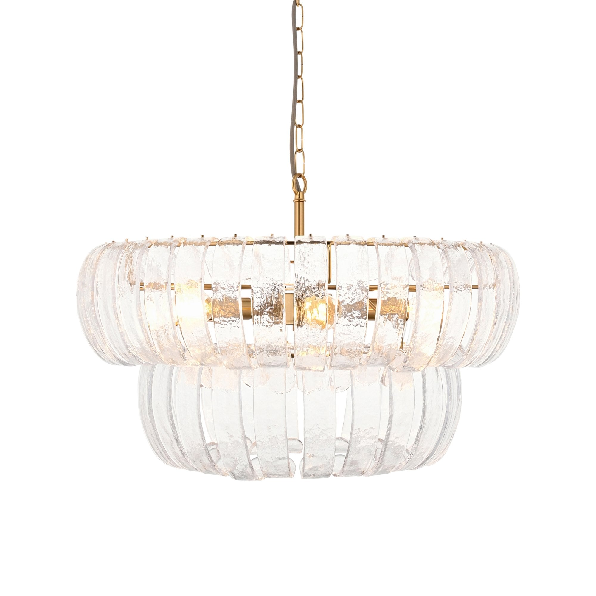 116976 Montrose 6 Light Pendant Brushed Aged Brass Plate & Handmade Clear Textured Glass