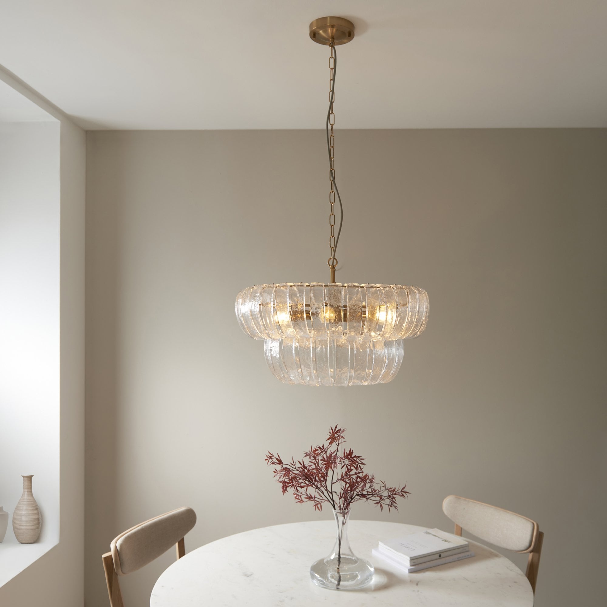 116976 Montrose 6 Light Pendant Brushed Aged Brass Plate & Handmade Clear Textured Glass