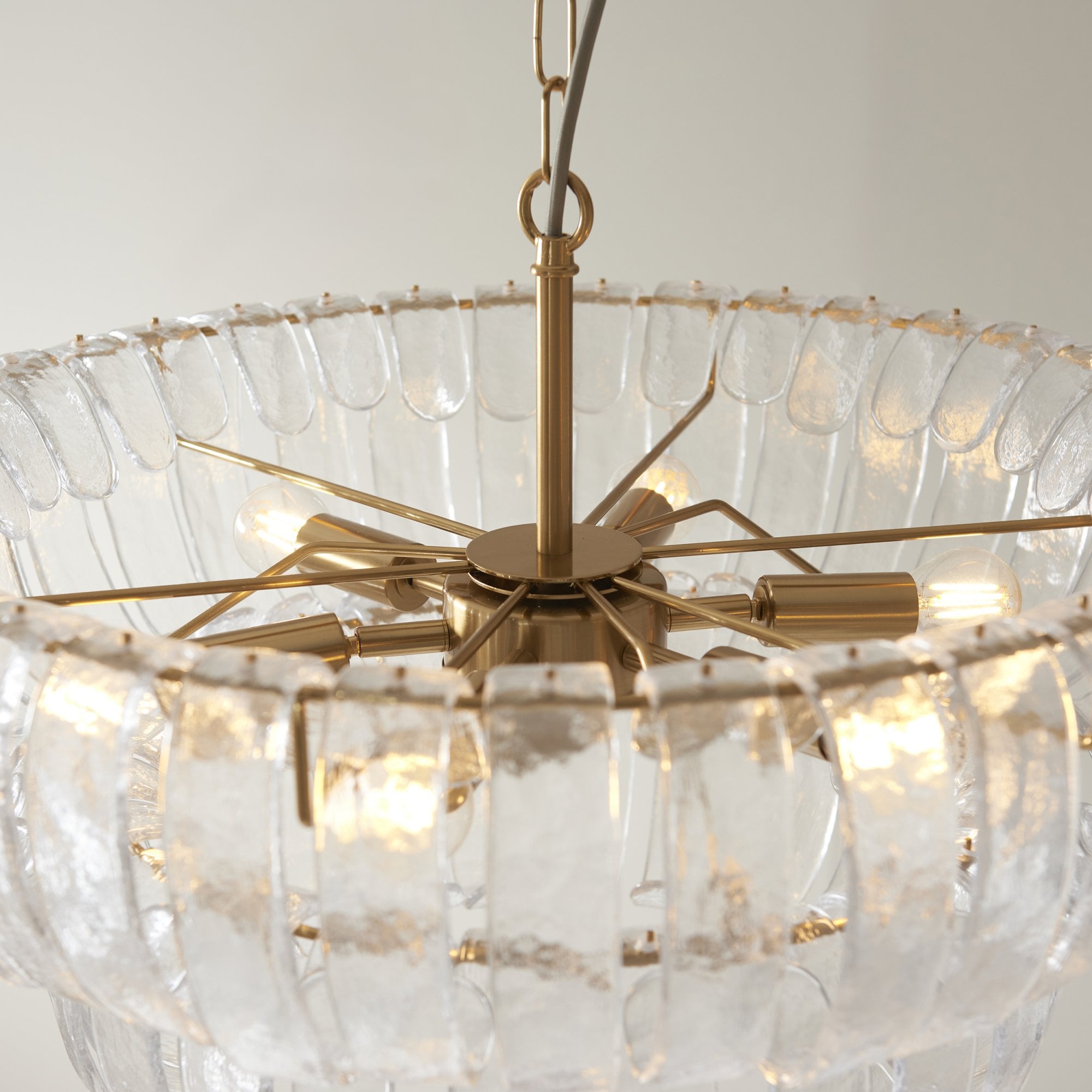 116976 Montrose 6 Light Pendant Brushed Aged Brass Plate & Handmade Clear Textured Glass