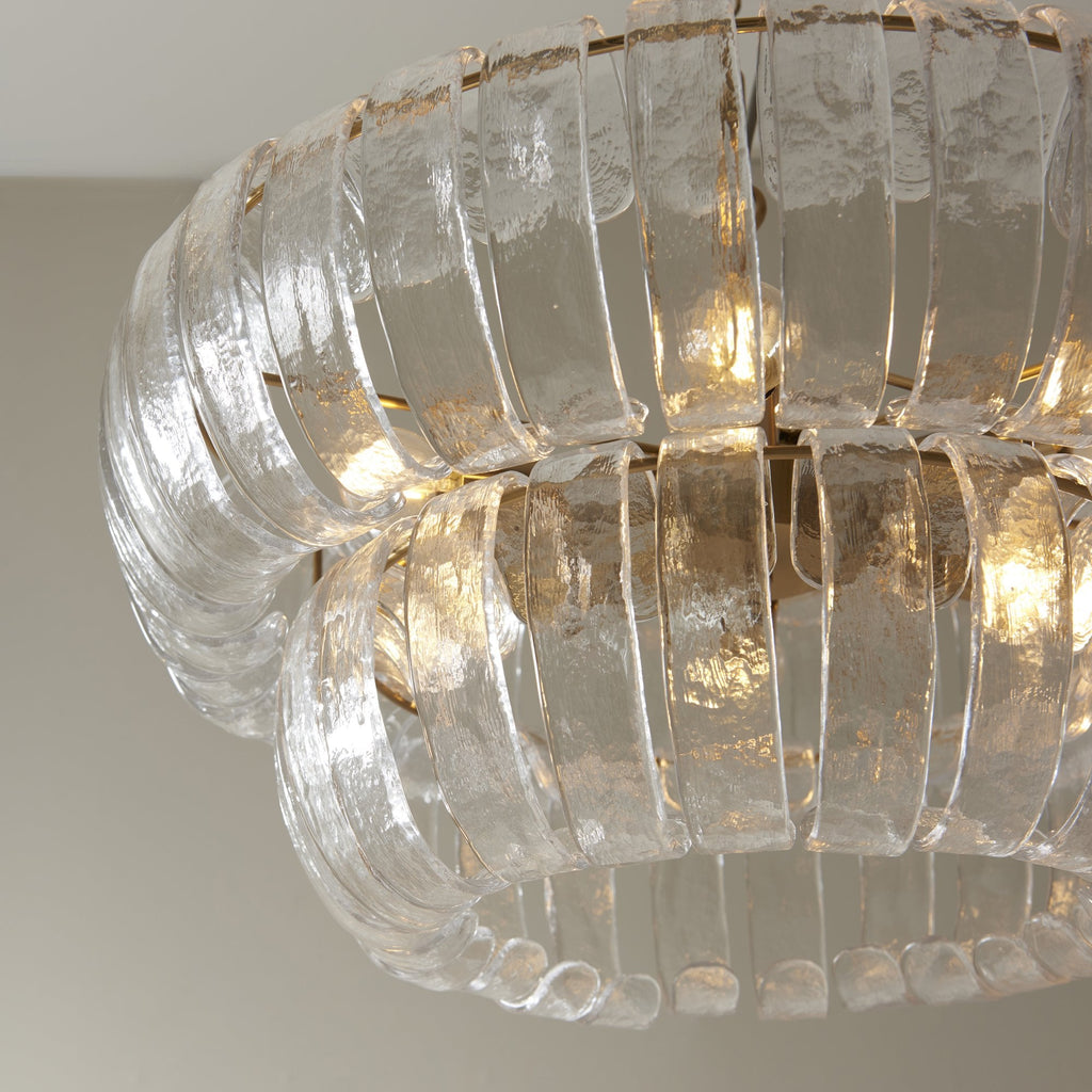 116976 Montrose 6 Light Pendant Brushed Aged Brass Plate & Handmade Clear Textured Glass