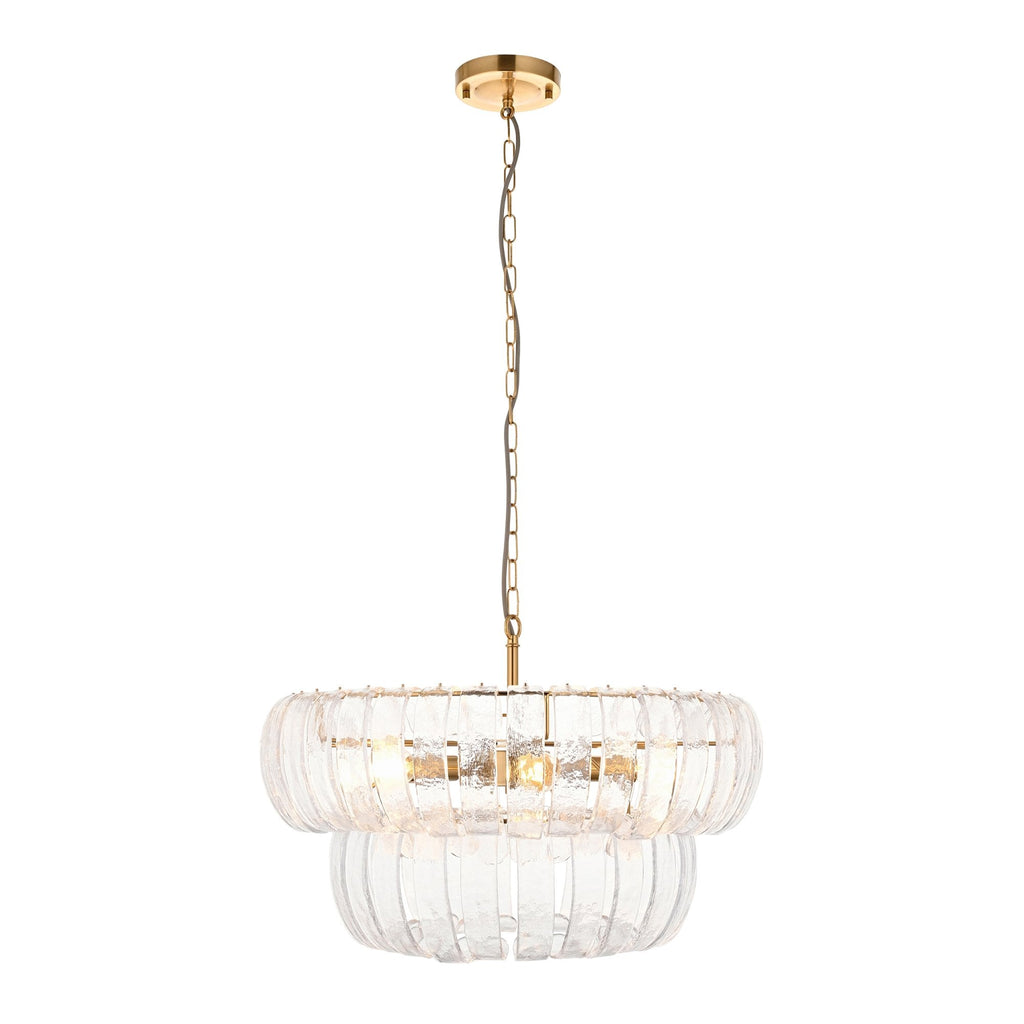 116976 Montrose 6 Light Pendant Brushed Aged Brass Plate & Handmade Clear Textured Glass