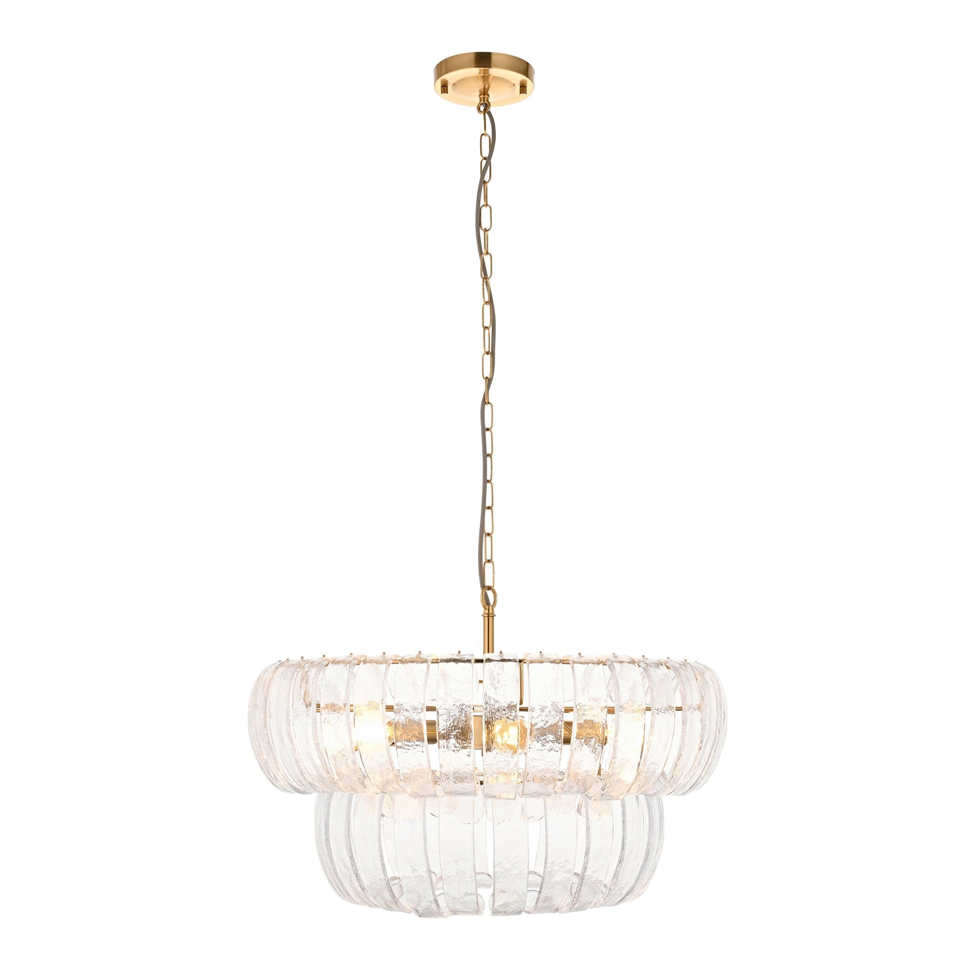 116976 Montrose 6 Light Pendant Brushed Aged Brass Plate & Handmade Clear Textured Glass