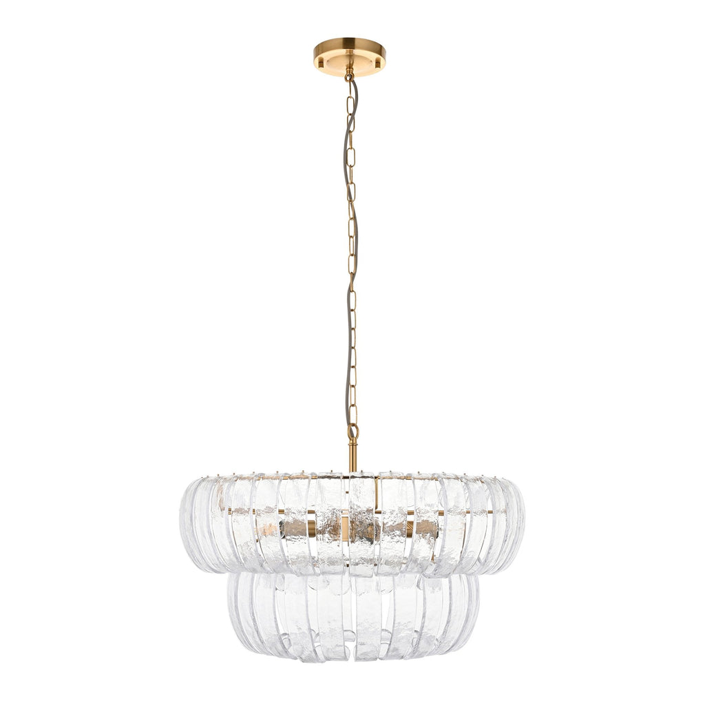 116976 Montrose 6 Light Pendant Brushed Aged Brass Plate & Handmade Clear Textured Glass