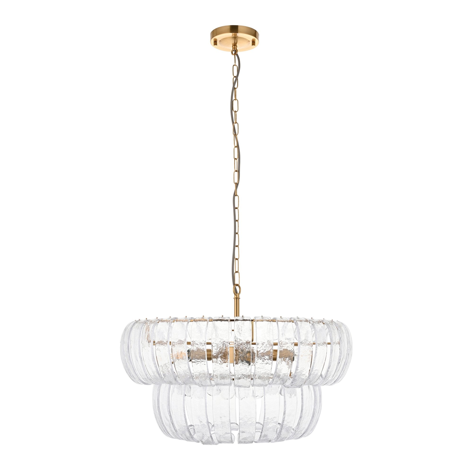 116976 Montrose 6 Light Pendant Brushed Aged Brass Plate & Handmade Clear Textured Glass