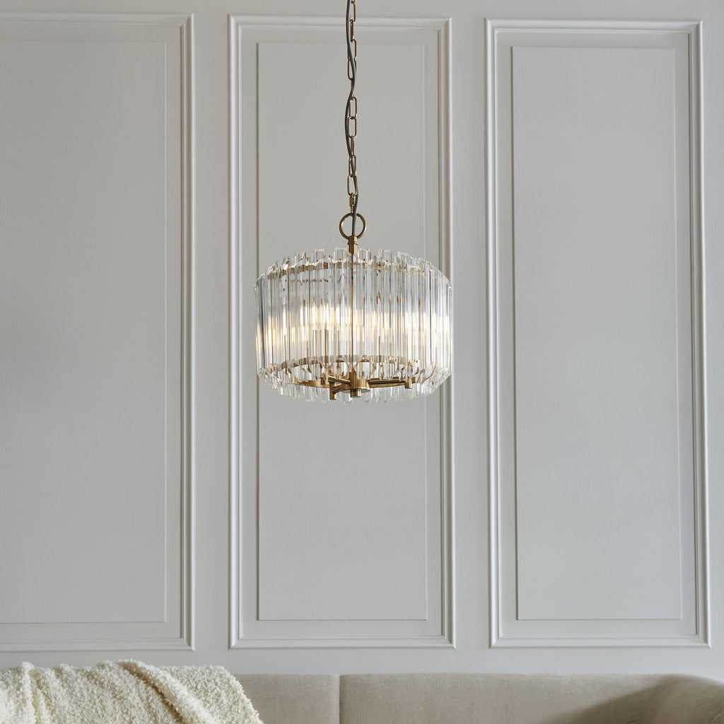 117514 Valentina 3 Light Pendant Brushed Aged Brass Plate & Clear Glass
