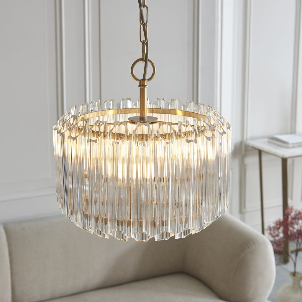 117514 Valentina 3 Light Pendant Brushed Aged Brass Plate & Clear Glass