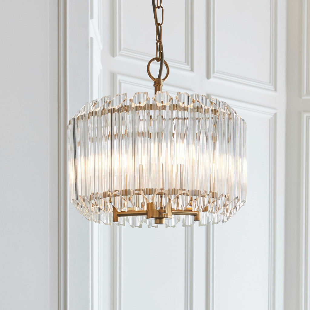 117514 Valentina 3 Light Pendant Brushed Aged Brass Plate & Clear Glass