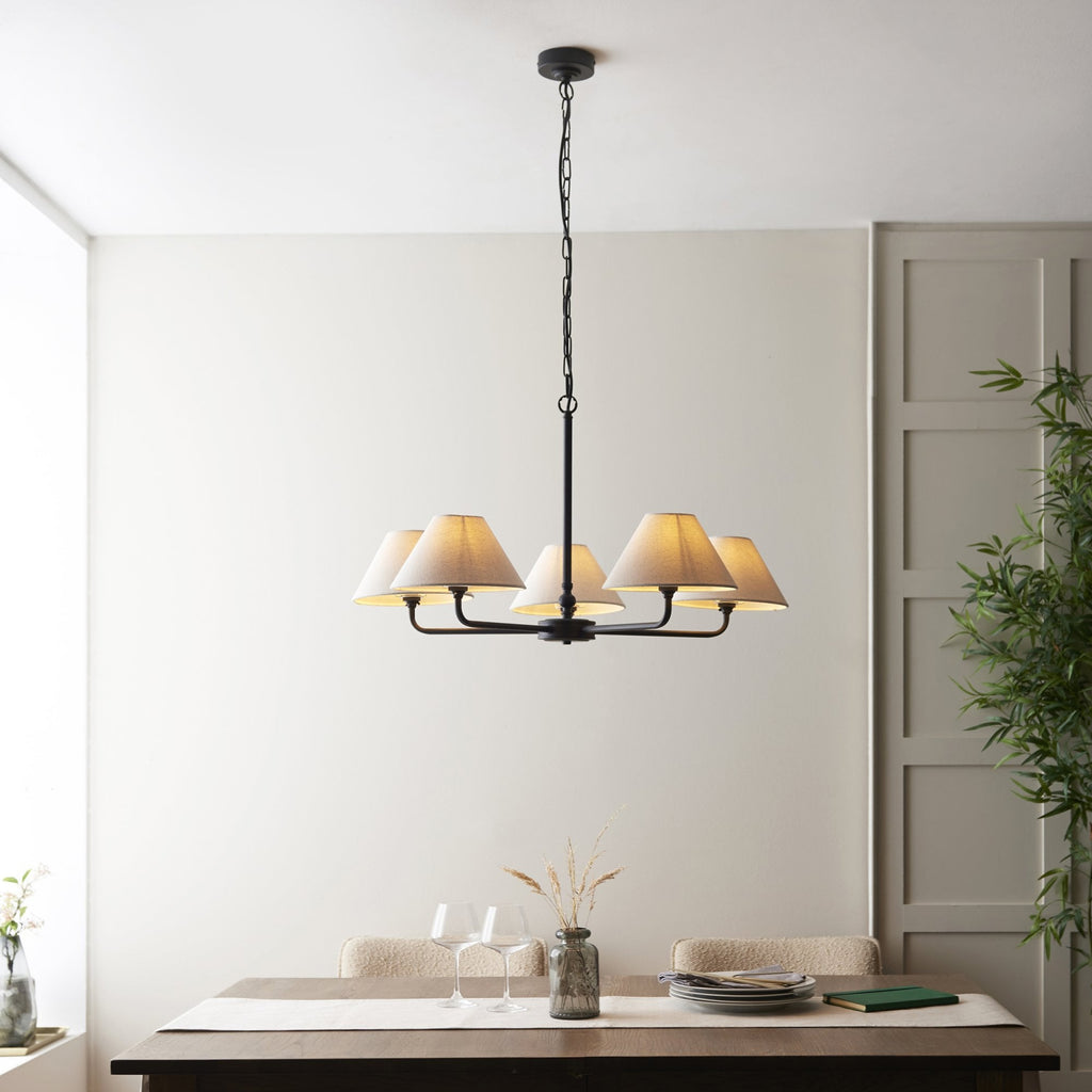 117832 Lille 5 Light Pendant Matt Black & Natural Faux Linen